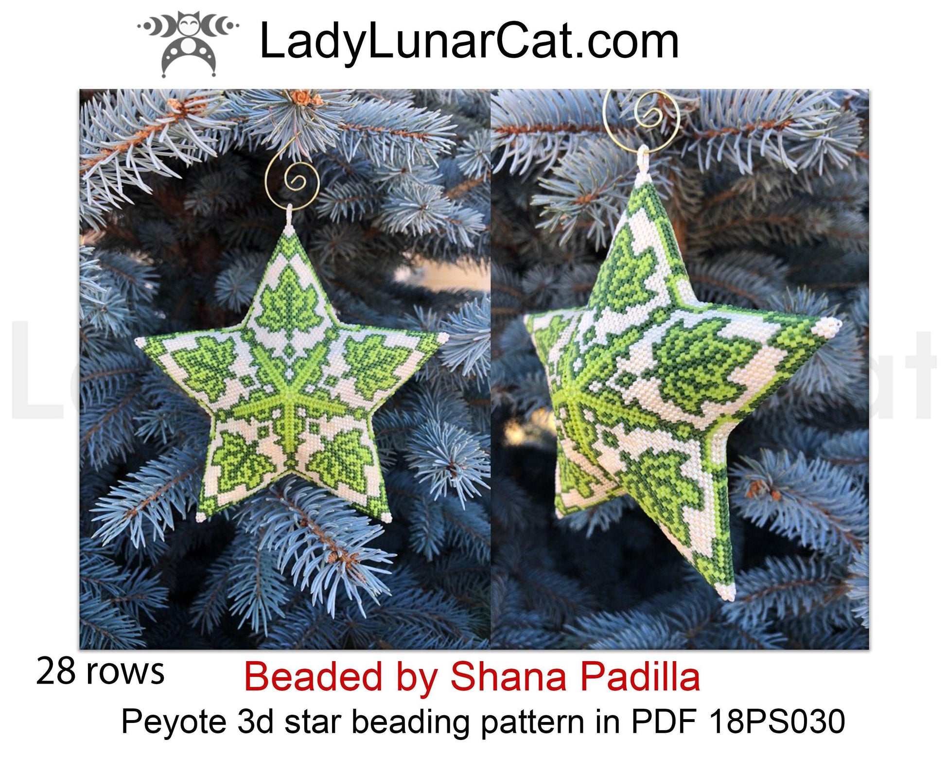 Peyote star patterns for beading green Spring leaves 18PS030. LadyLunarCat