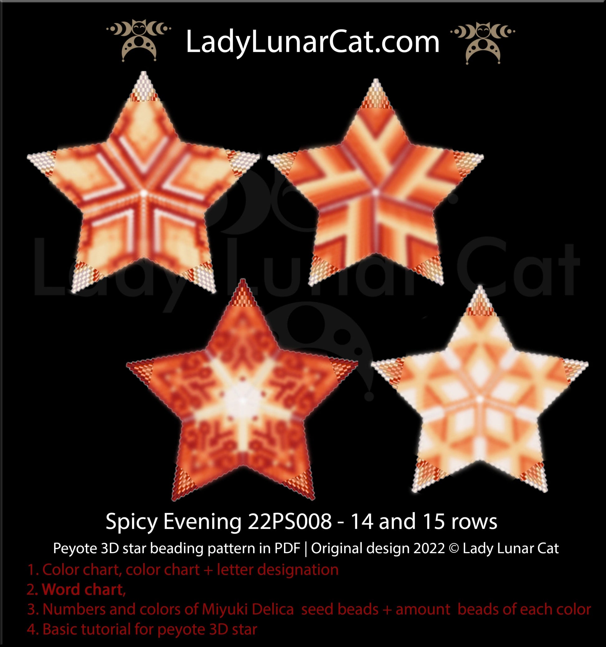 Peyote star pattern for beading, set - Spicy Evening 22PS008 14-15 rows LadyLunarCat
