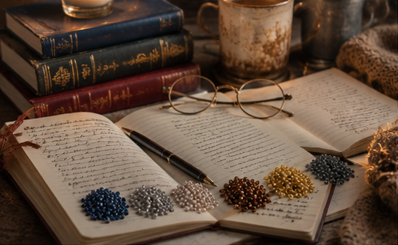AI-generated old books, open notebook, glasses and bead piles in navy, silver-gray, ivory, bronze, gold and charcoal.