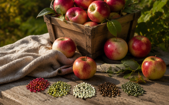 AI-generated red and yellow apples in a wooden crate with bead piles in cherry red, yellow-green, cream, bronze and olive.