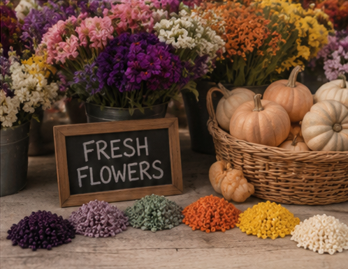 AI-generated autumn flower stall with small pumpkins and bead piles in deep purple, mauve, sage, orange, yellow and ivory.