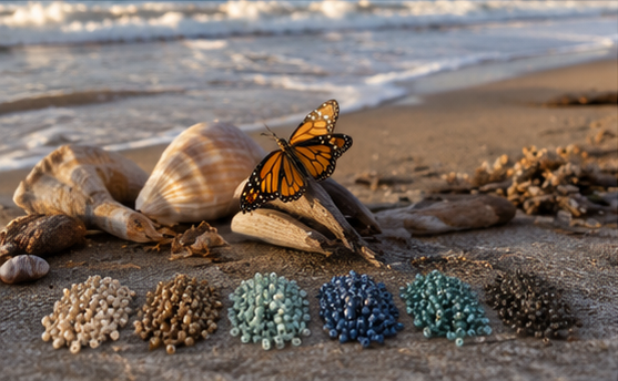 AI-generated beach scene with shells, driftwood and a butterfly, with bead piles in sand, bronze, pale aqua, muted blue, teal and charcoal.