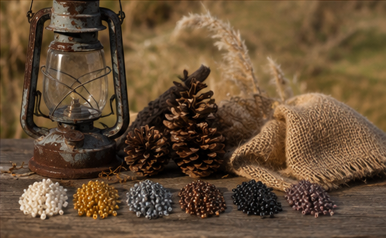 AI-generated lantern, pinecones and burlap with bead piles in ivory, mustard gold, steel gray, copper, black and dusty mauve.