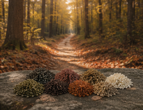 AI-generated golden forest trail with bead piles in olive, charcoal-brown, muted rust, amber, taupe and ivory.
