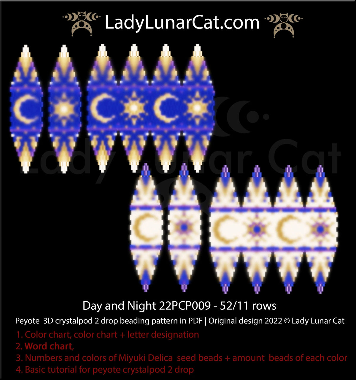 Day and Night branded preview showing cobalt-and-gold and pale cream-and-gold pod panel variations with alternating crescent moon and sun motifs.