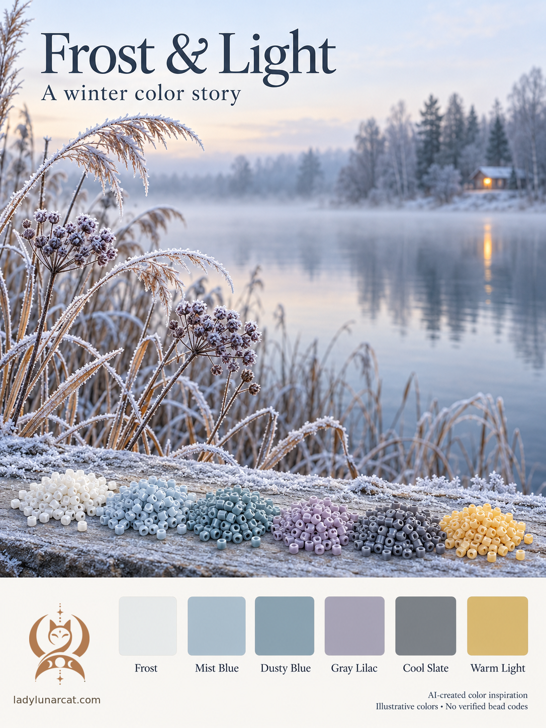 AI-created winter lake scene with frosted reeds, a distant lit cabin, six bead piles and swatches in frost white, mist blue, dusty blue, gray lilac, cool slate and warm light yellow.