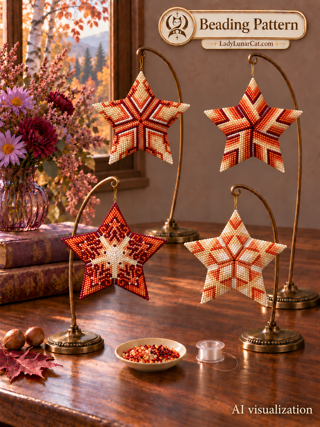 AI visualization of four Spicy Evening stars in burgundy, orange and cream on gold-tone stands beside an autumn window, with the original AI label retained.