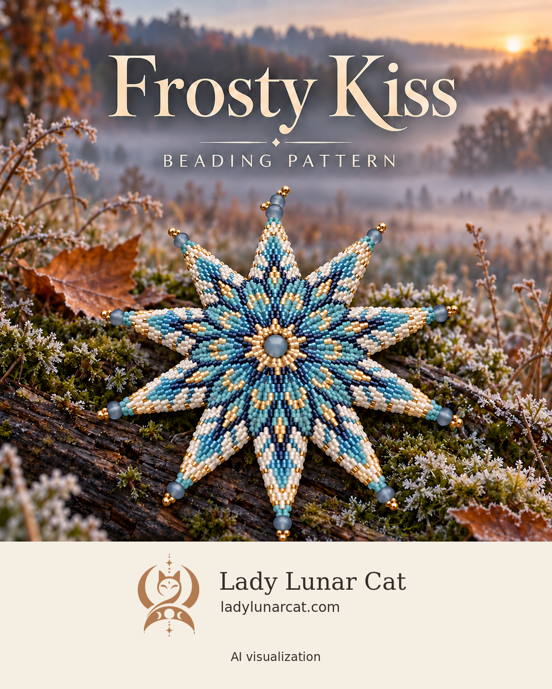 AI visualization of a blue, aqua and ivory beaded star on a frosty log at an autumn sunrise.