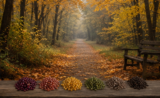 Burgundy, copper, golden yellow, olive, taupe and dark brown bead colors arranged before a misty autumn woodland path and bench.