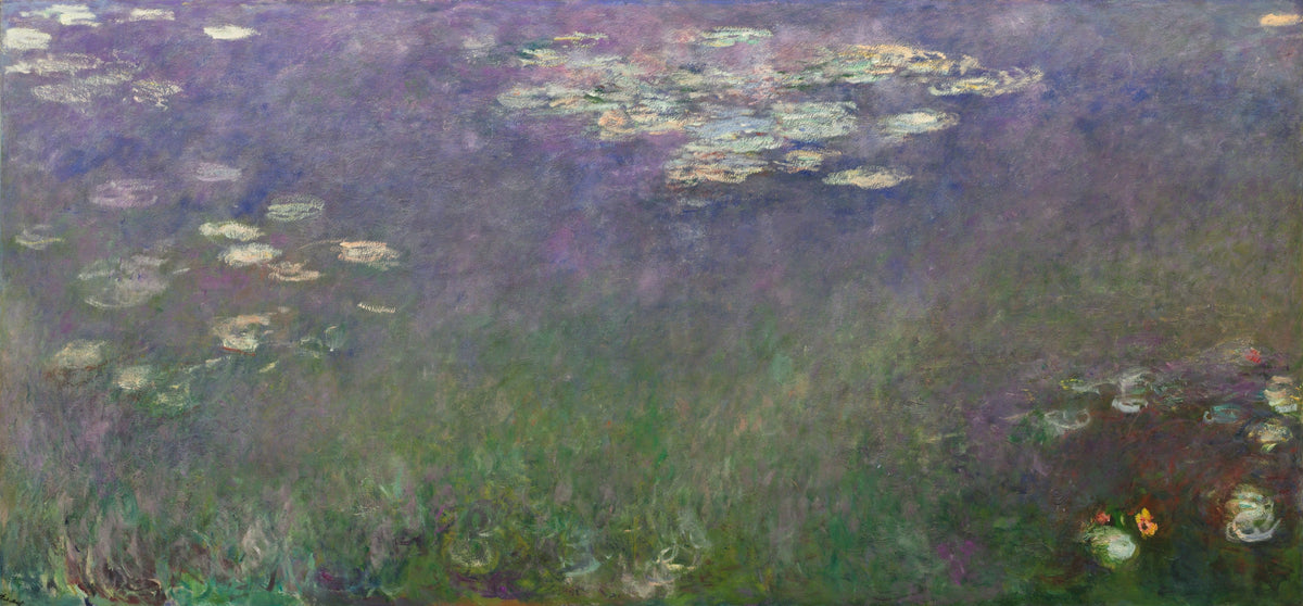 Monet’s wide painting of water lilies and pale floating marks among violet, blue and green reflections.