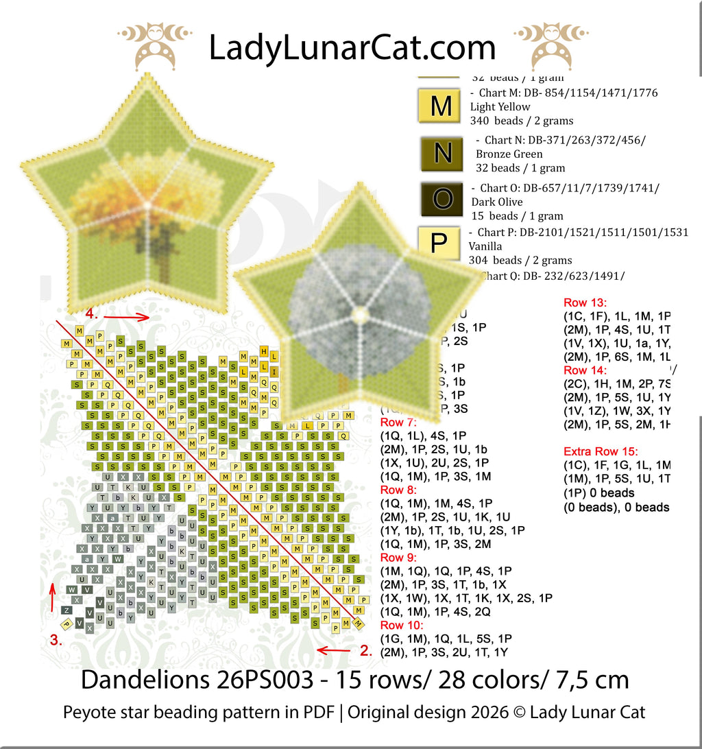 Dandelions 3D Peyote Star Beading Pattern PDF LadyLunarCat