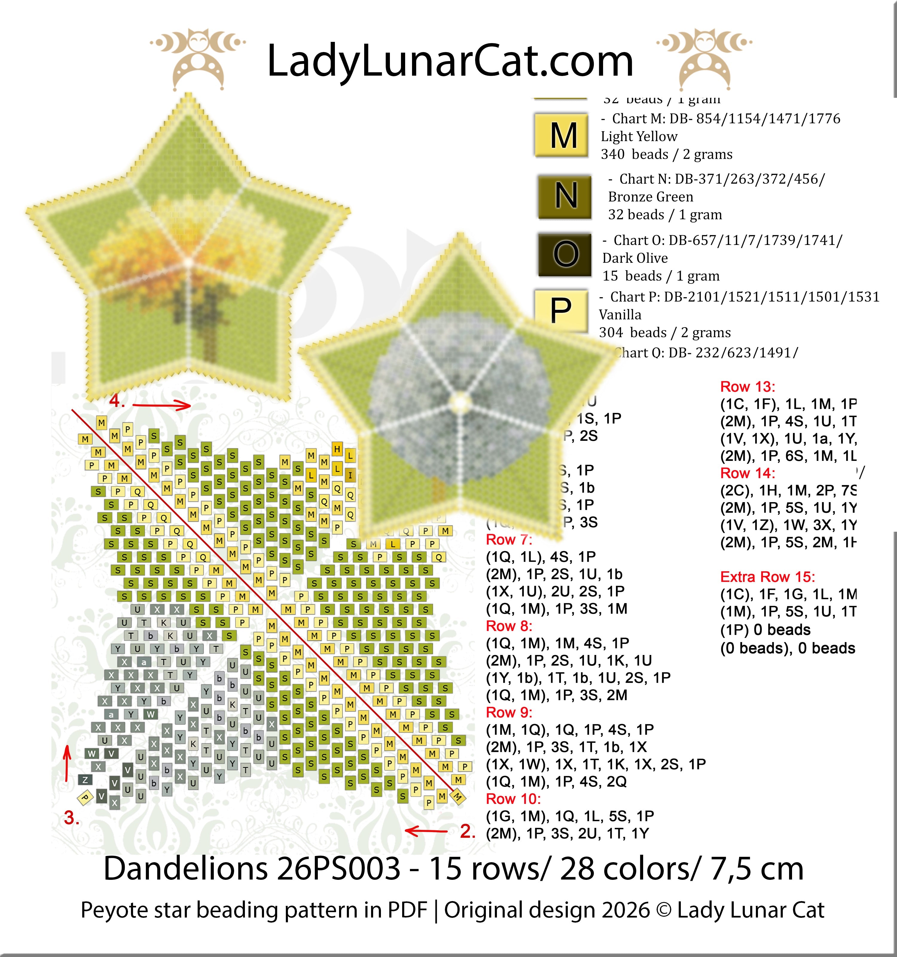 Dandelions 3D Peyote Star Beading Pattern PDF LadyLunarCat