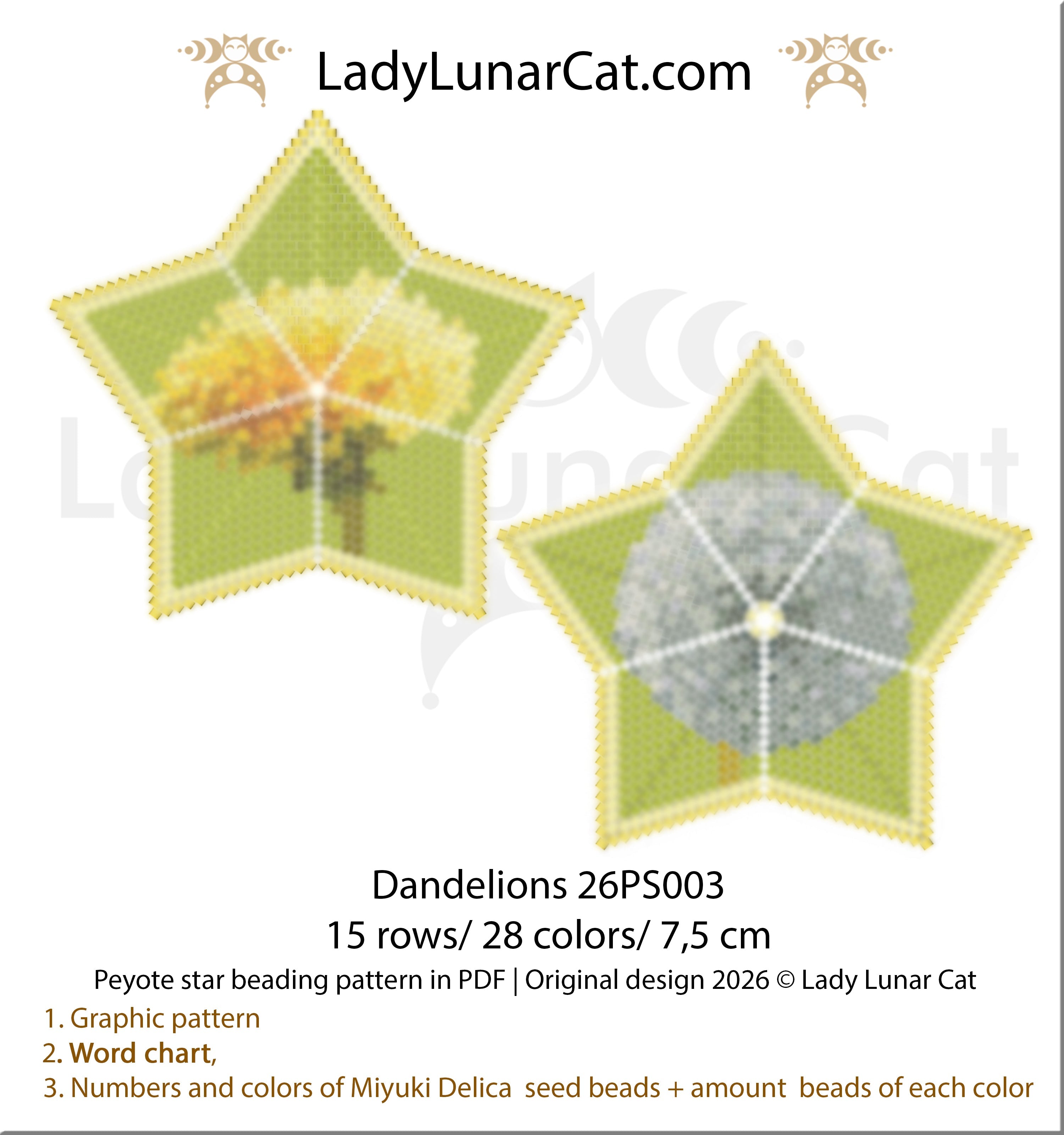 Dandelions 3D Peyote Star Beading Pattern PDF LadyLunarCat