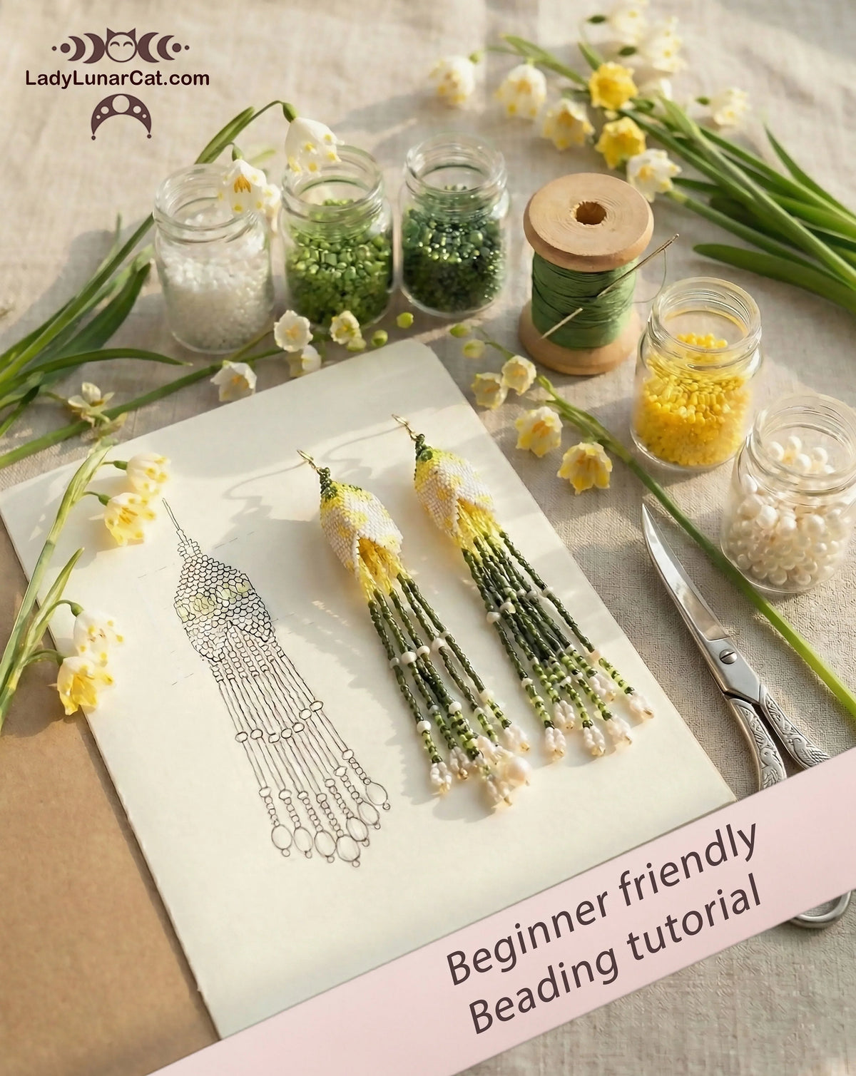 Konvaliya beaded earring lifestyle 2 - botanical floral peyote instant download LadyLunarCat