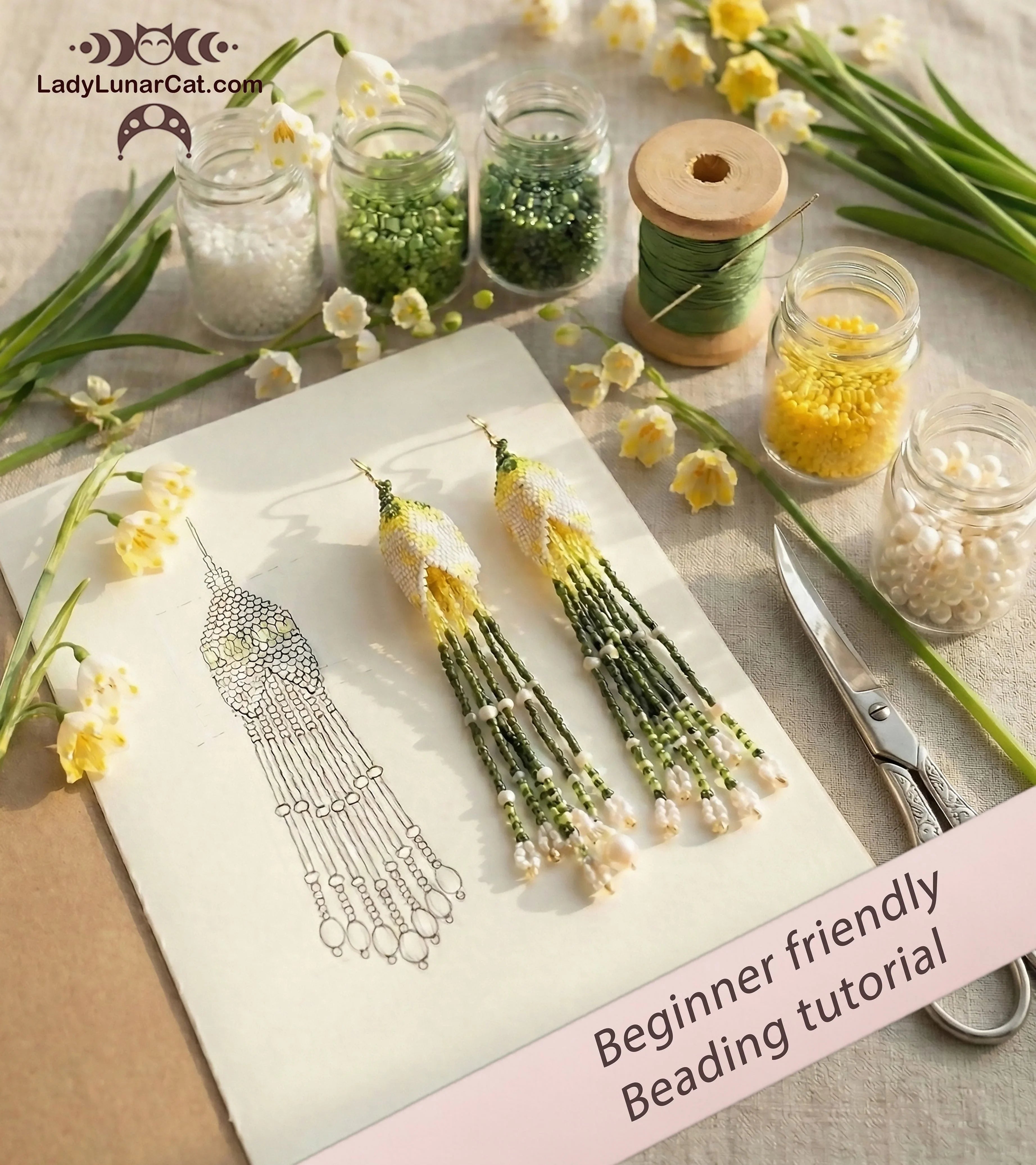 Konvaliya lily of the valley beaded earrings - peyote fringe tutorial beginner PDF LadyLunarCat
