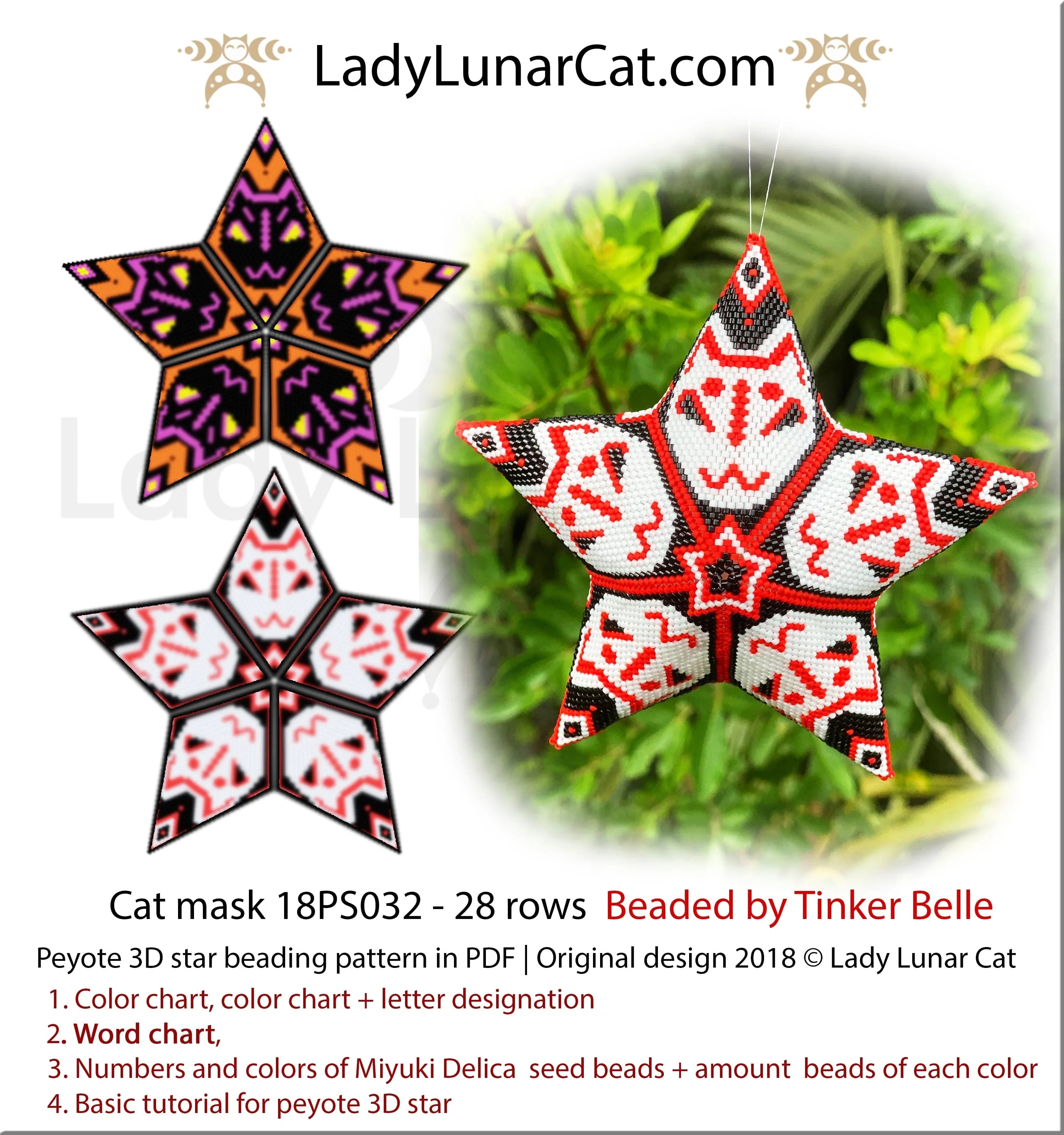 Cat mask peyote star by Lady Lunar Cat — Kabuki Halloween Kitsune fox beading PDF 18PS032
