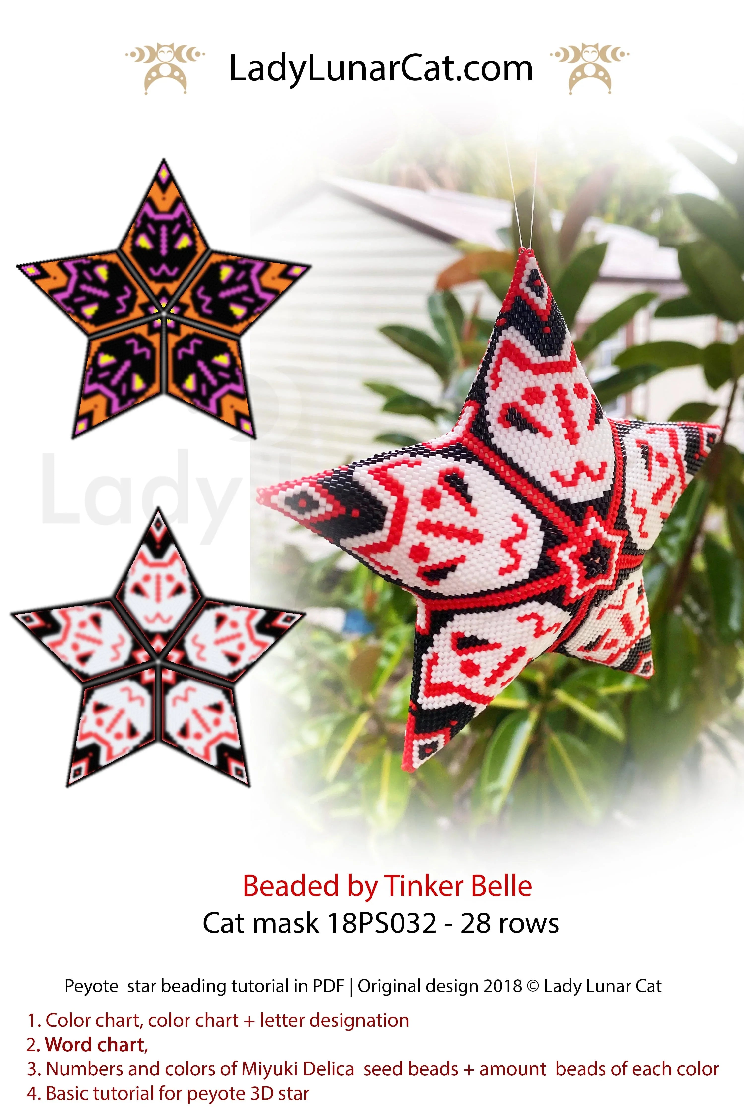 Cat mask peyote star — Kabuki Halloween Kitsune fox 3 colorways large beading LadyLunarCat