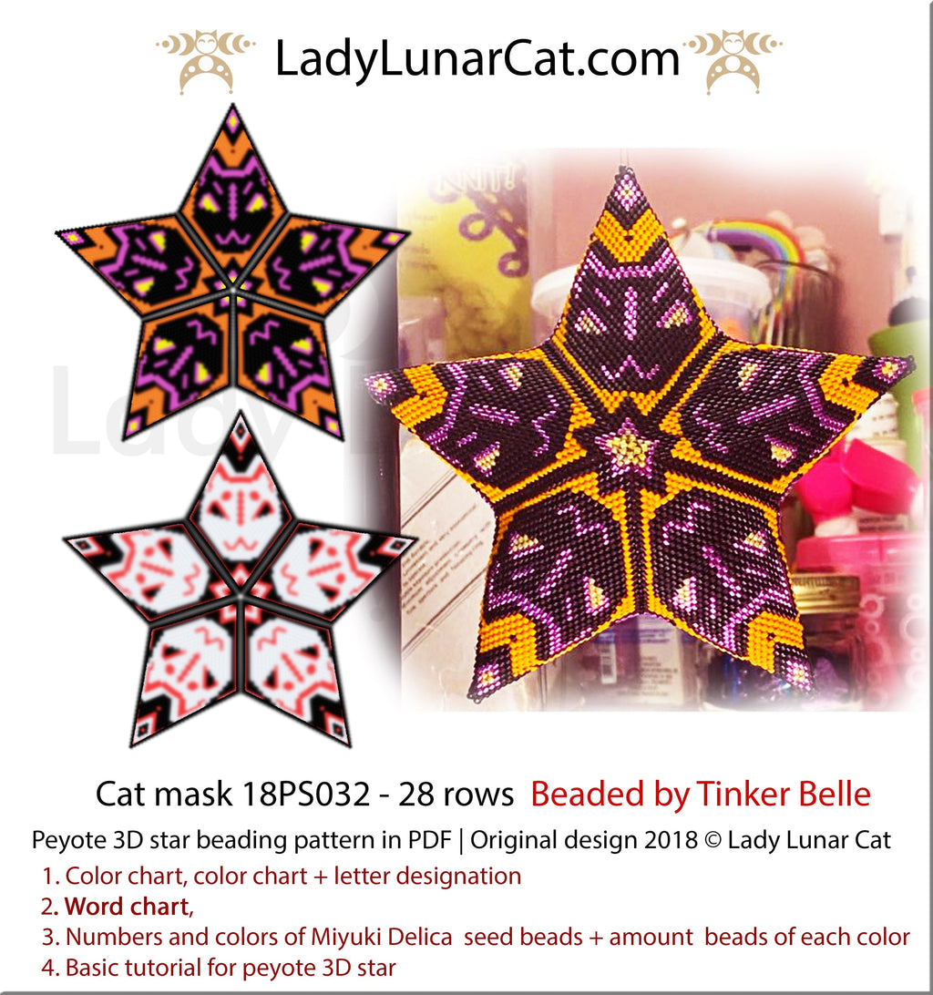 Beadweaving Halloween DIY: Cat  Peyote Star Pattern, Kitsune beading tutorial by LadyLunarCat