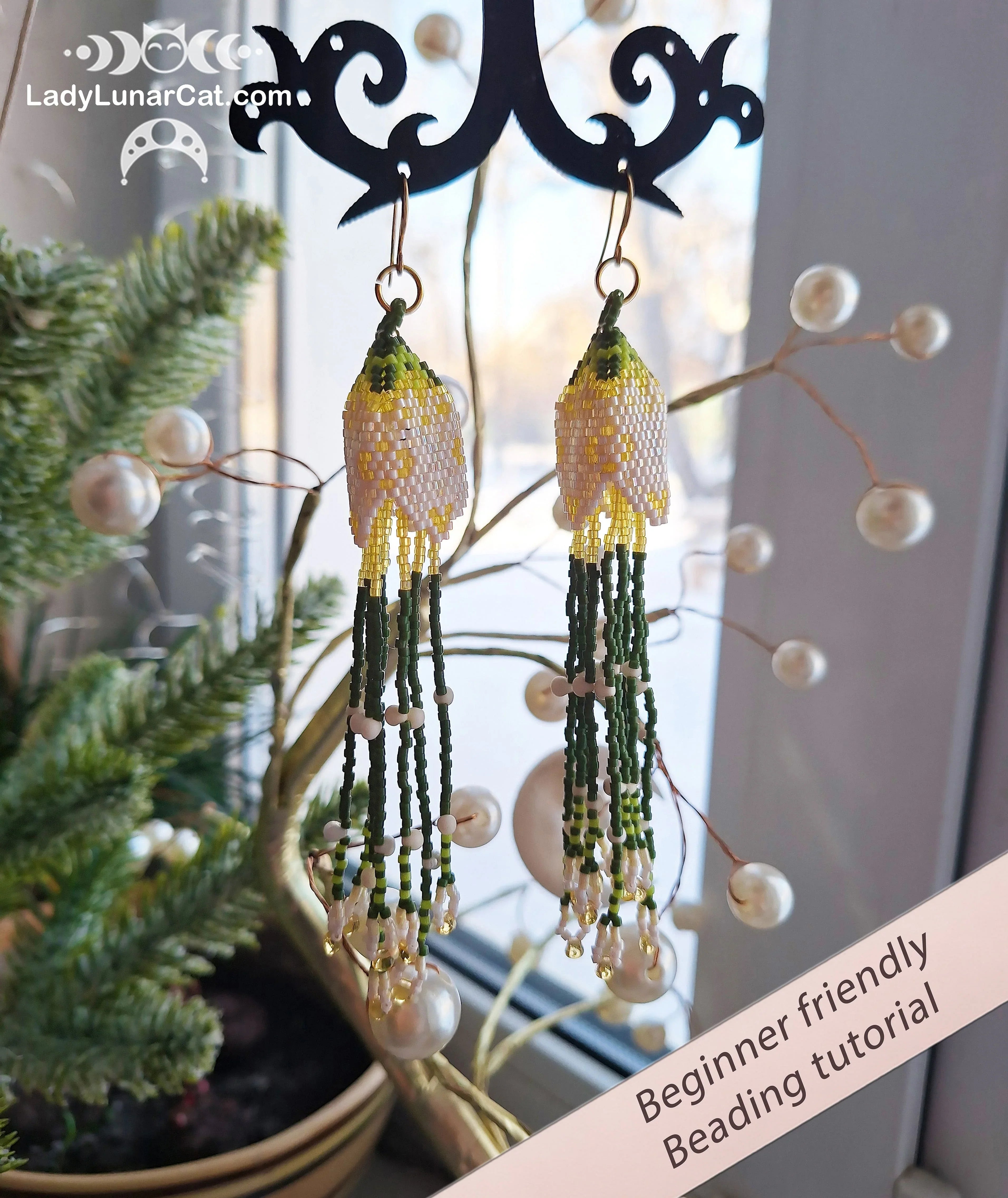 Konvaliya beaded earrings lifestyle - spring floral earrings worn model LadyLunarCat