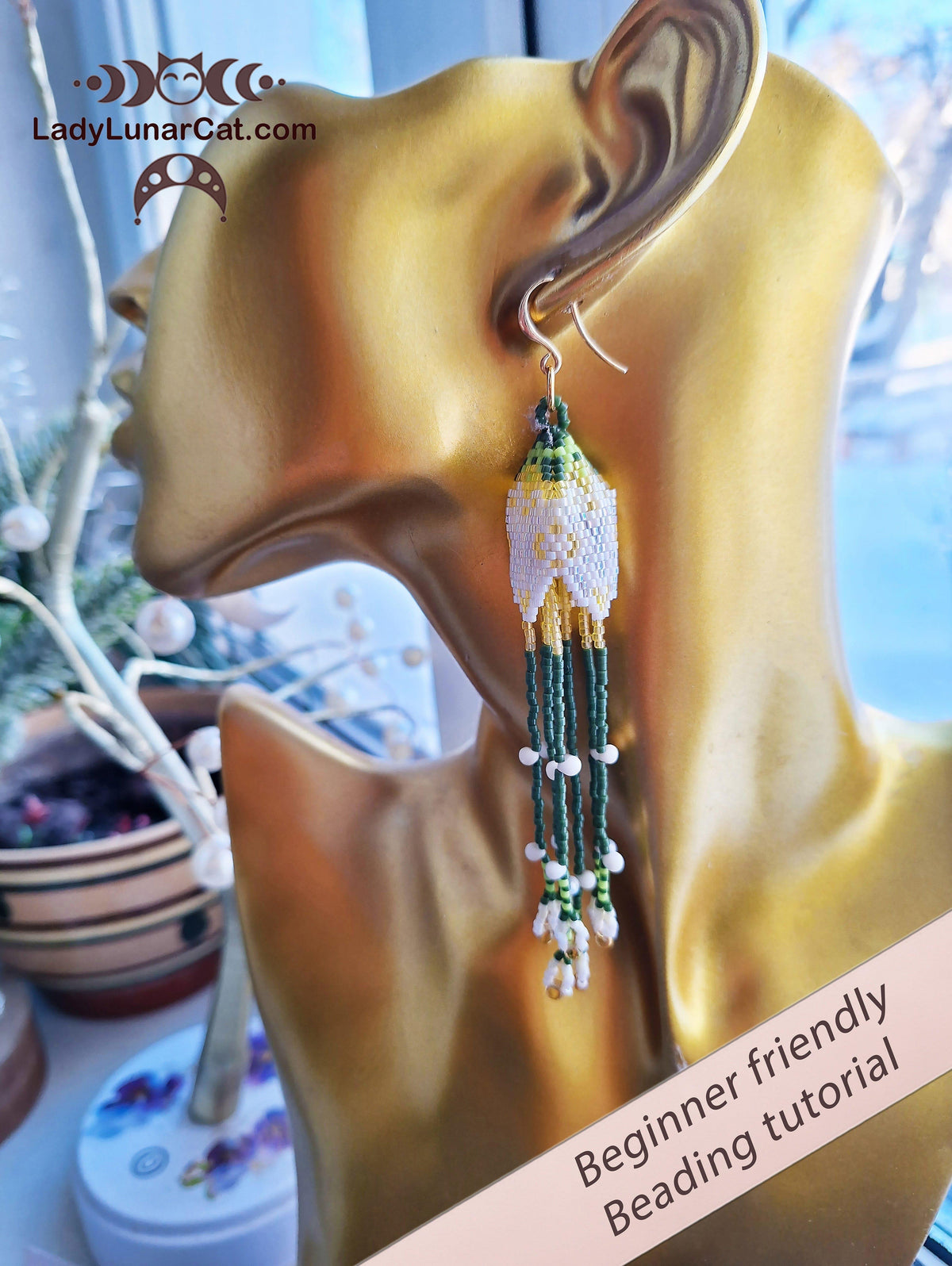 Konvaliya beaded earrings side view - 11 cm fringe earring botanical design LadyLunarCat