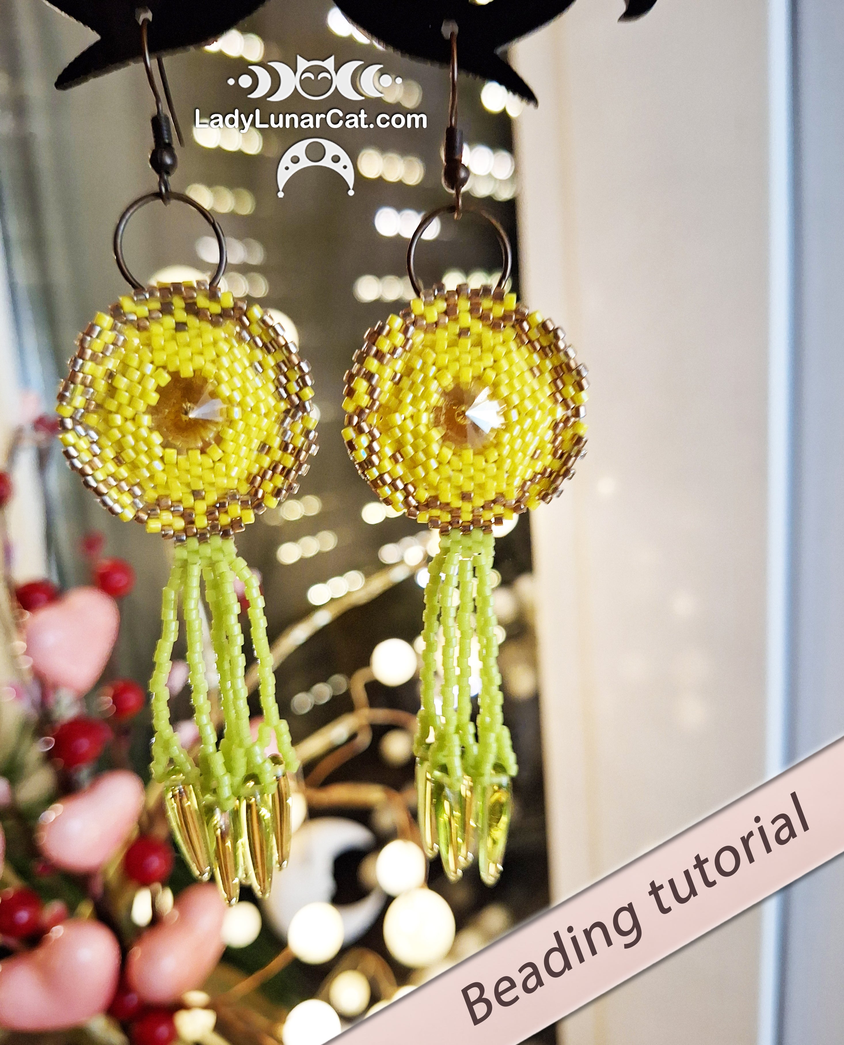 Dandelions Peyote Hexagon Earring Tutorial | Rivoli 14mm PDF LadyLunarCat
