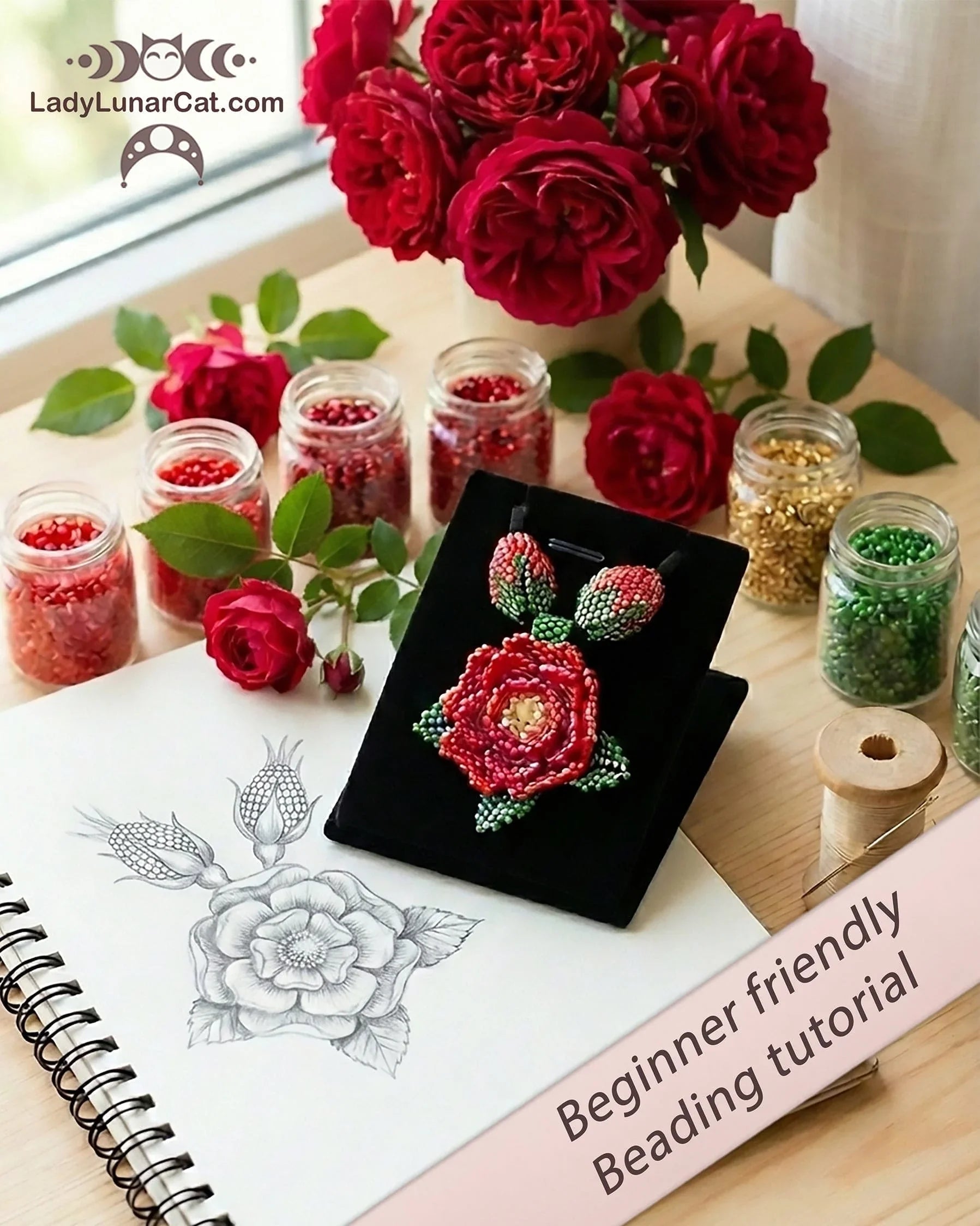 Roses 3D beaded bead - rose pendant focal piece Miyuki Delica 11/0 LadyLunarCat