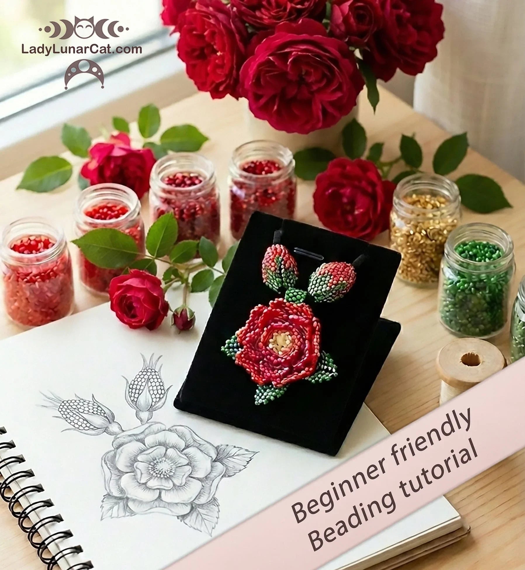 Roses 3D peyote earrings - finished earring pair 1.2 cm rose design at LadyLunarCat