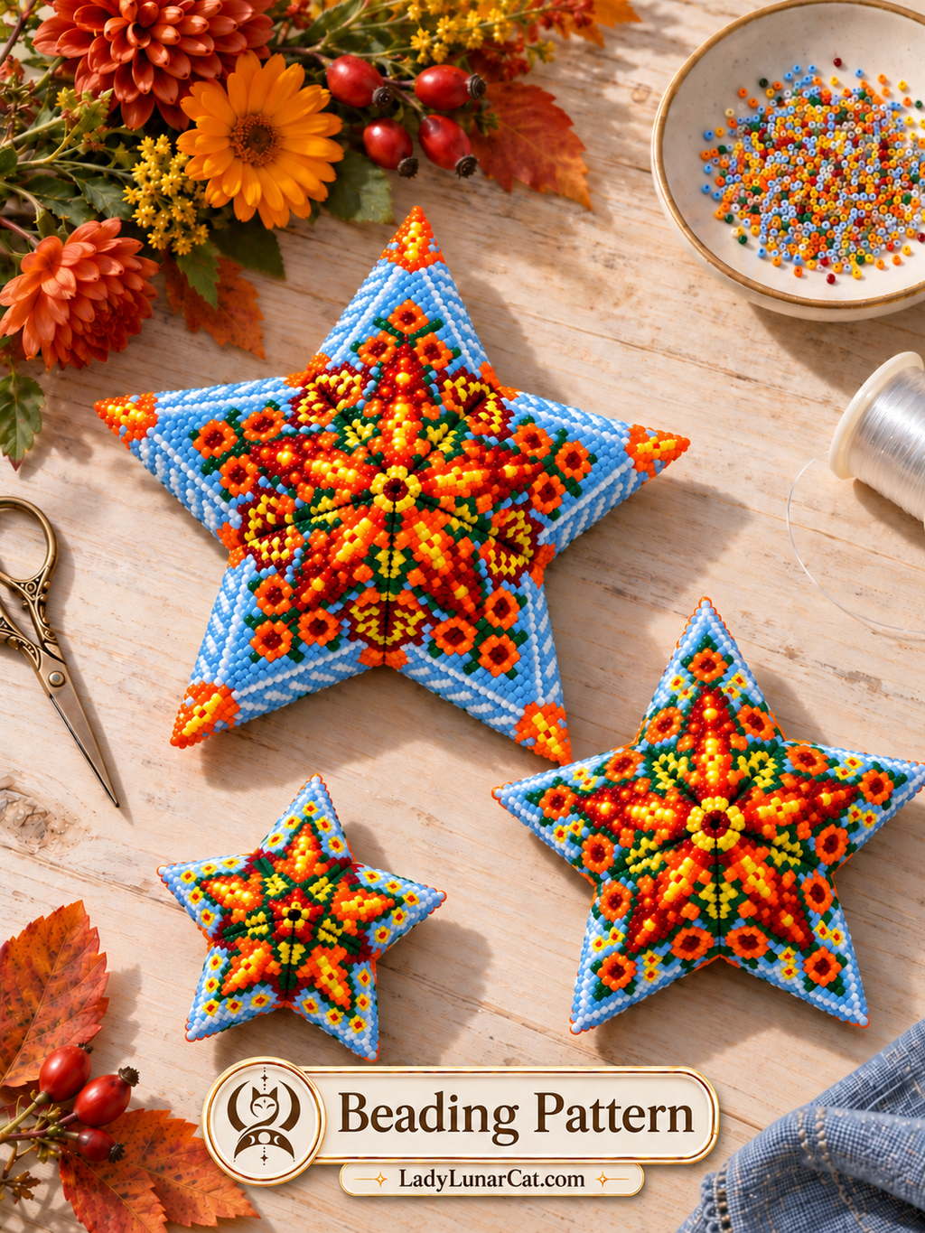 Hello October pattern preview showing three blue-edged beaded stars with orange and yellow floral motifs beside beads and autumn flowers.