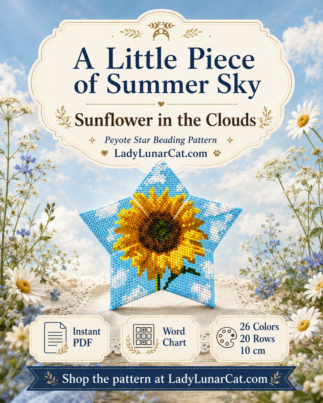 Sunflower in the Clouds 3D Peyote Star Beading Pattern PDF LadyLunarCat