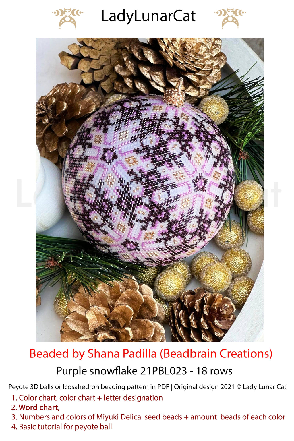 Peyote 3d ball pattern for beading Purple snowflake 21PBL023  18 rows LadyLunarCat