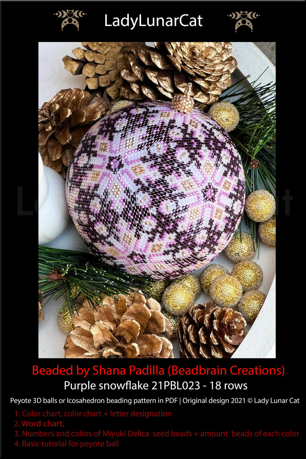 Peyote 3d ball pattern for beading Purple snowflake 21PBL023  18 rows LadyLunarCat