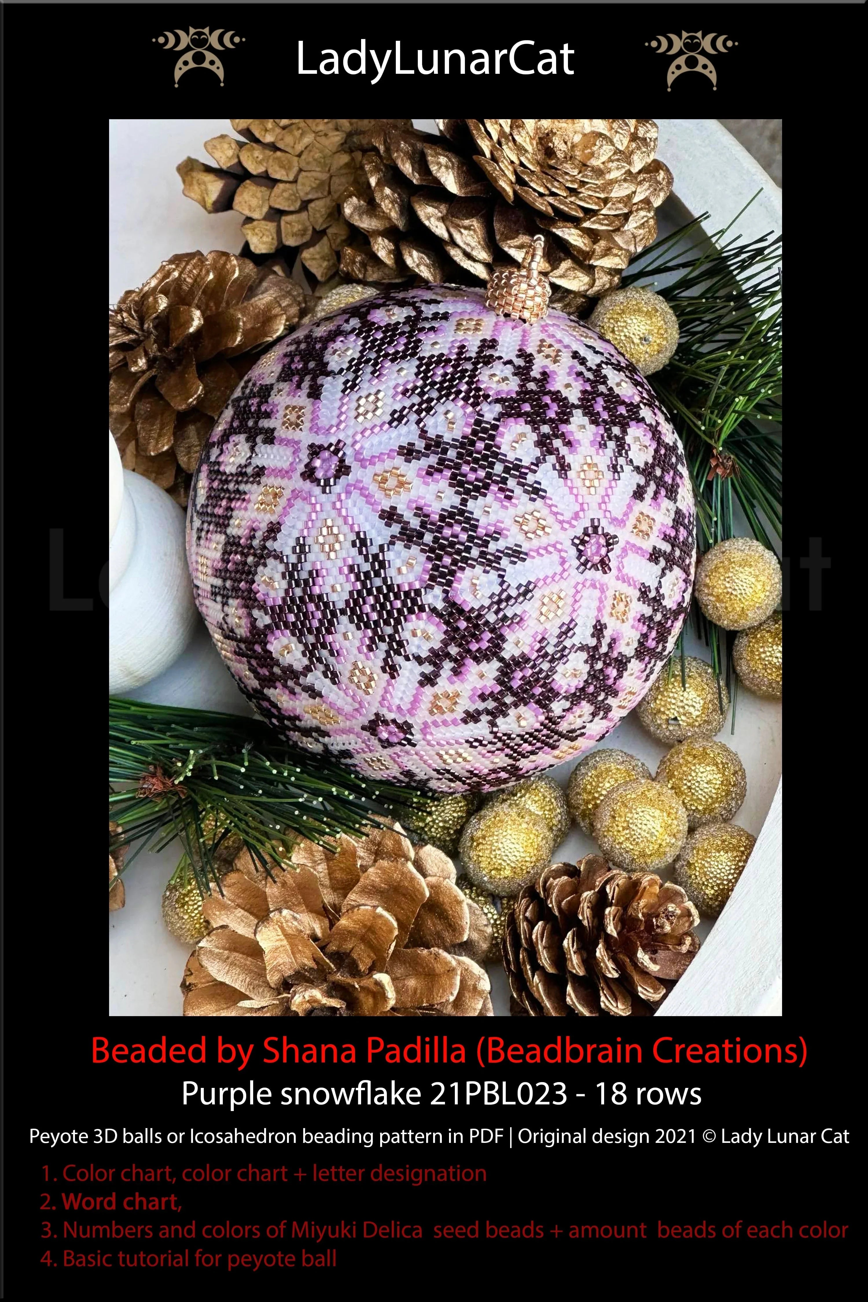 Beaded purple snowflake icosahedron Christmas ornament — peyote stitch tutorial PDF