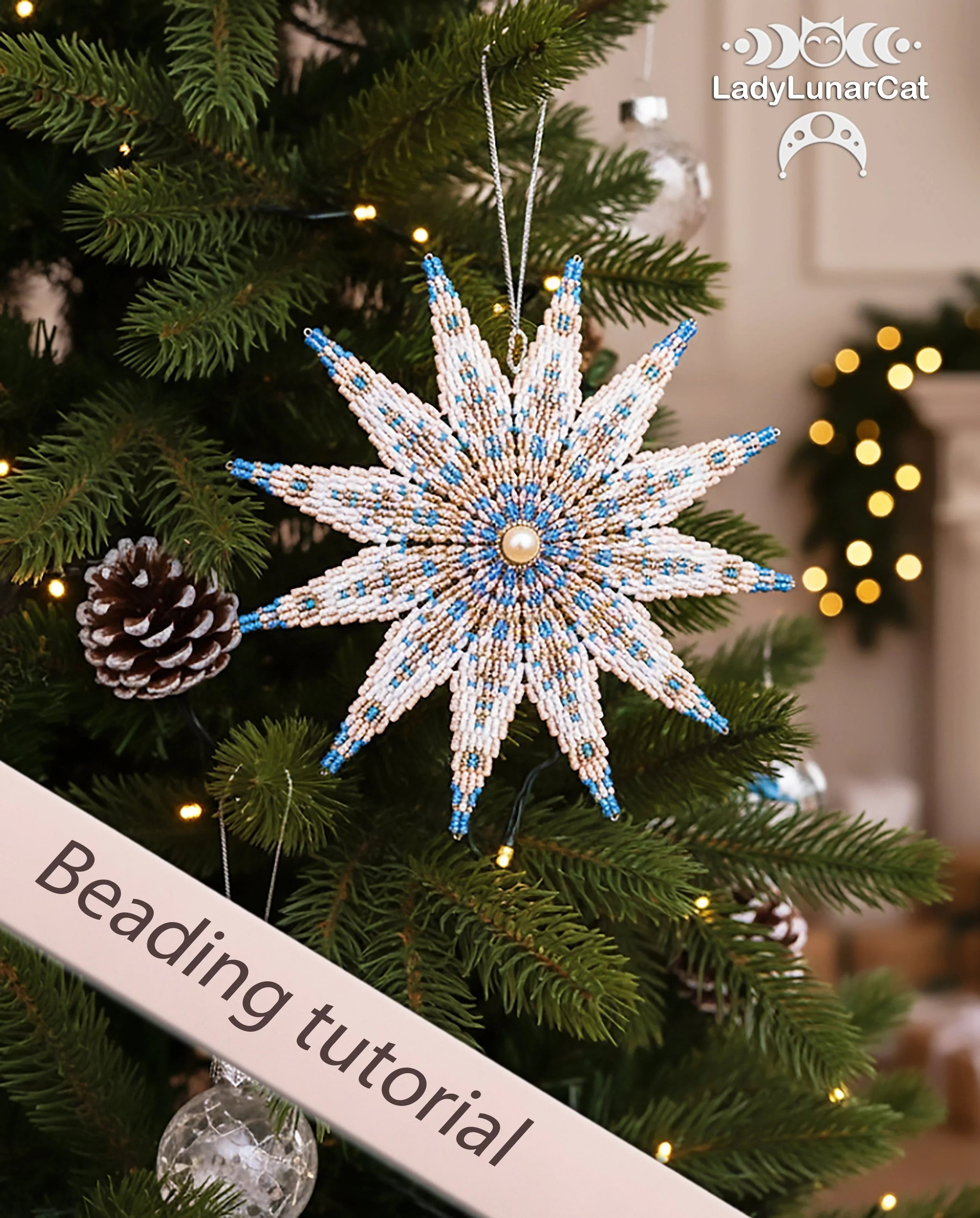 Season of Softness beaded star pattern - peyote 3 drop winter snowflake beginner PDF LadyLunarCat