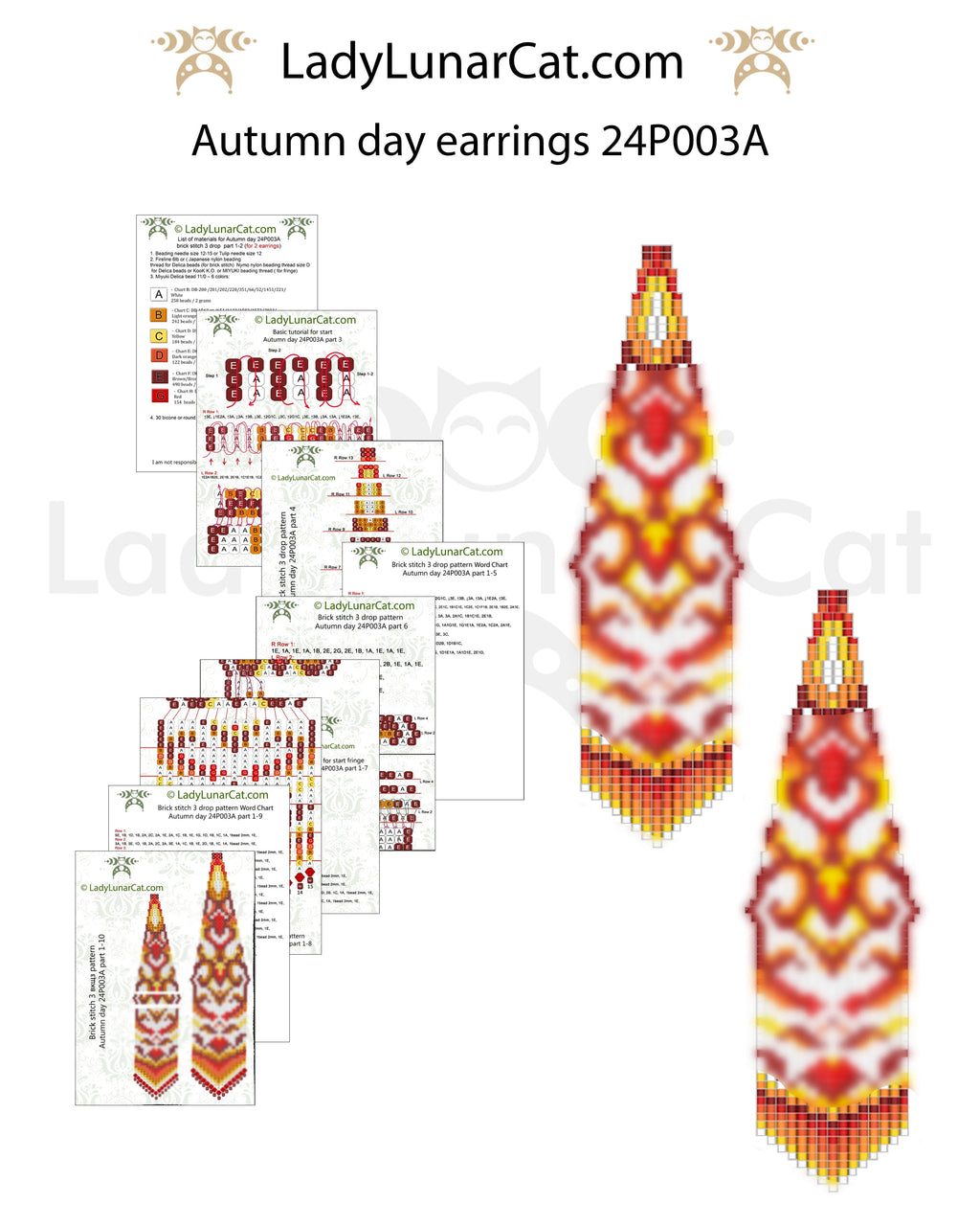 Brick stitch 3 drop earrings pattern for beading  (Suitable for beginners) LadyLunarCat
