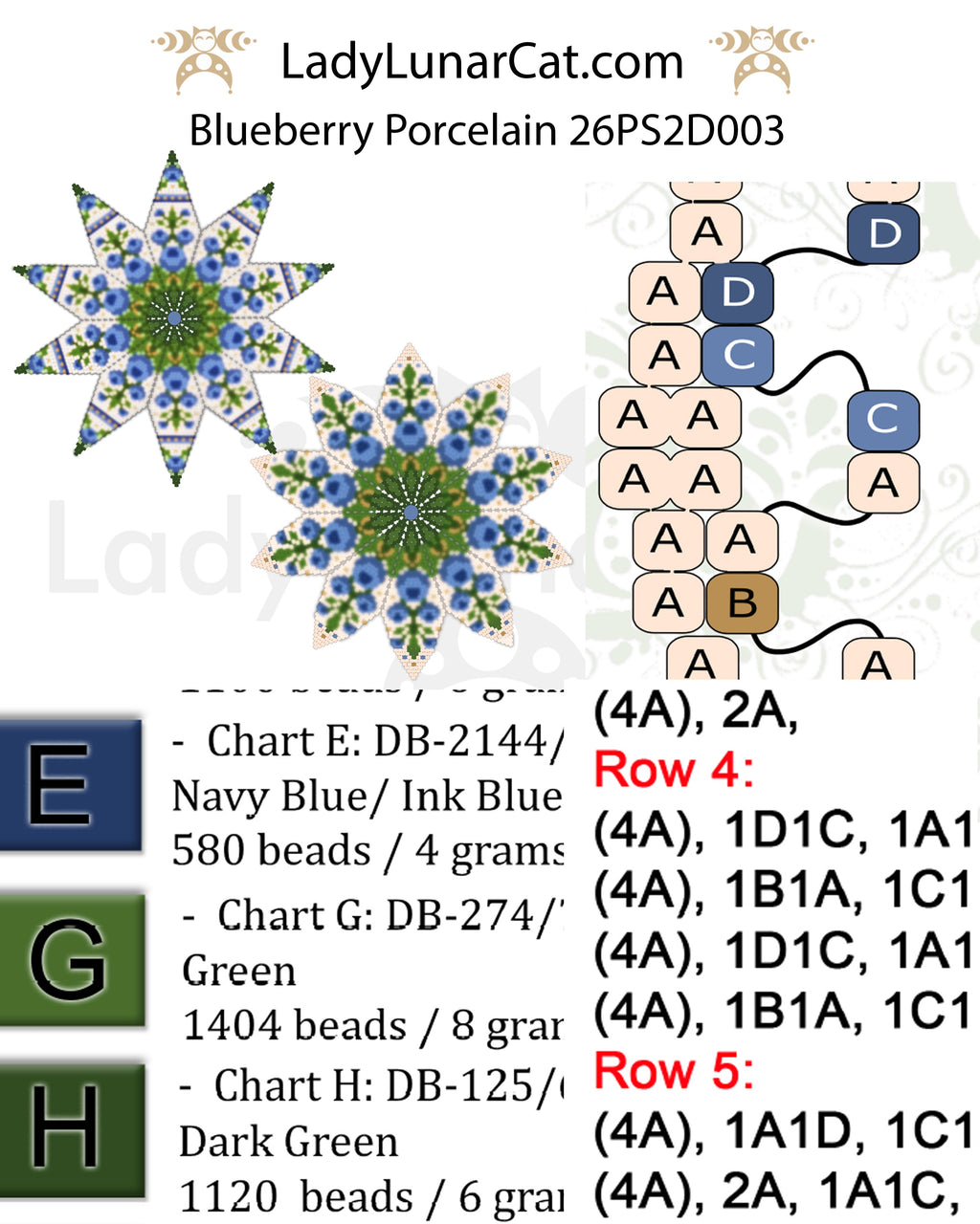 Beaded peyote star 15-row and 14-row sizes — Blueberry Porcelain tutorial by Lady Lunar Cat