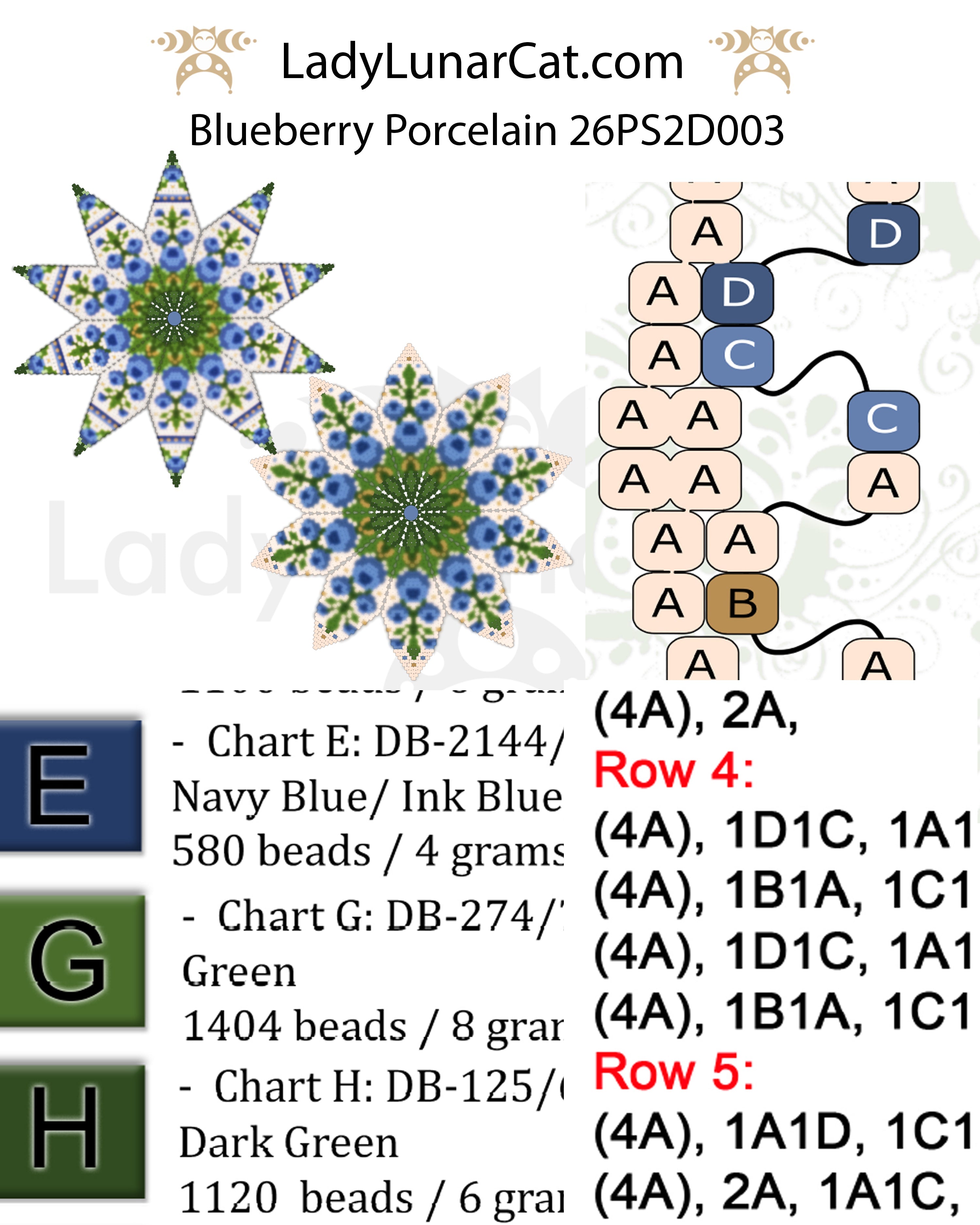 Beaded peyote star 15-row and 14-row sizes — Blueberry Porcelain tutorial by Lady Lunar Cat