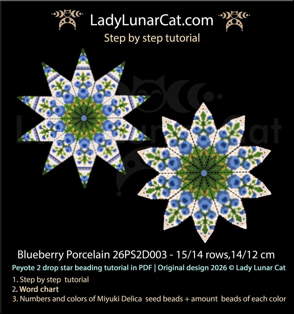 Blueberry Porcelain peyote 2-drop star beading pattern PDF — cottagecore folk design in blueberry blue and porcelain white