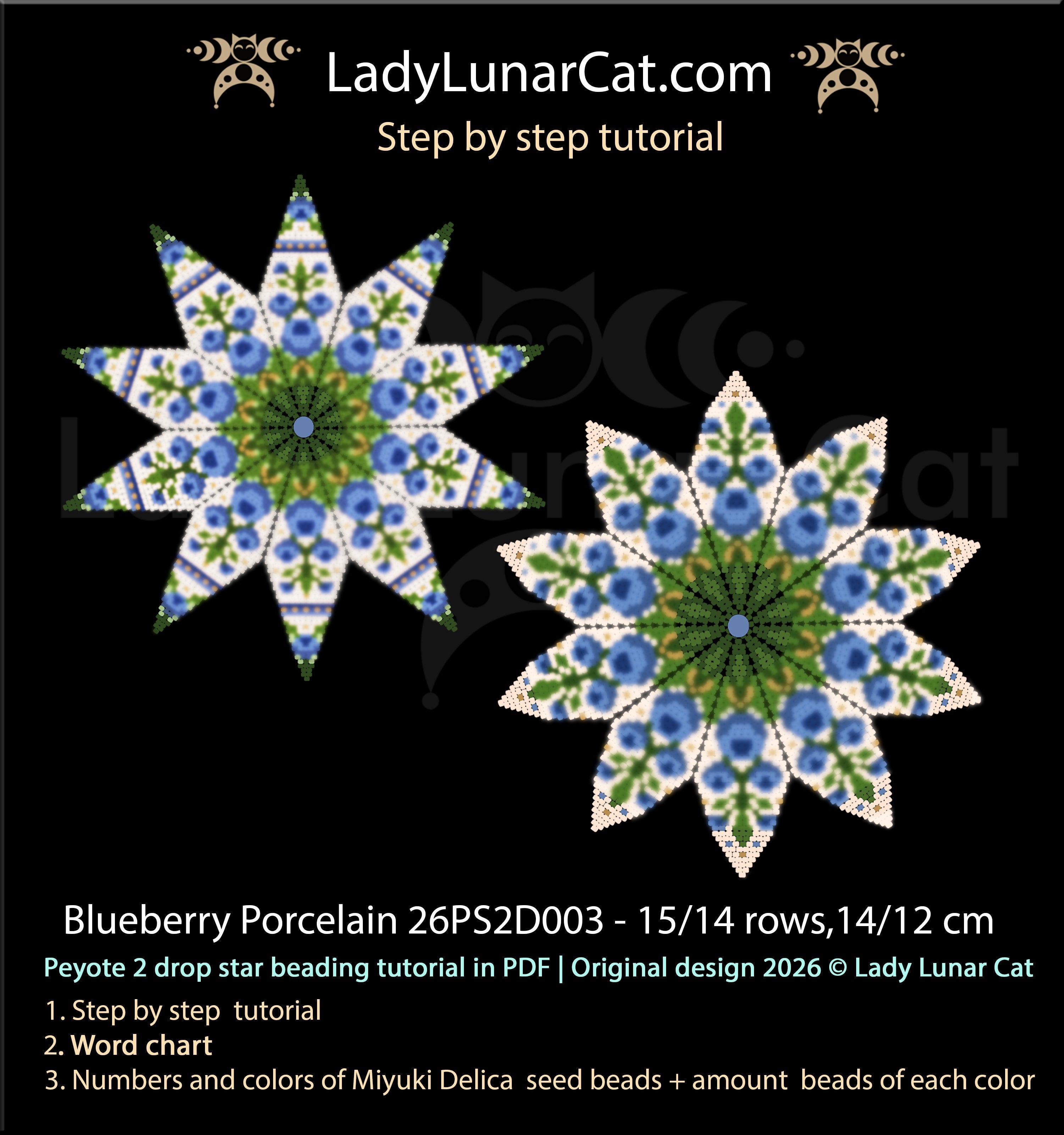Blueberry Porcelain peyote 2-drop star beading pattern PDF — cottagecore folk design in blueberry blue and porcelain white
