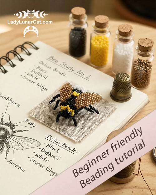 Bumblebee peyote brooch tutorial - cottagecore spring beginner PDF LadyLunarCat