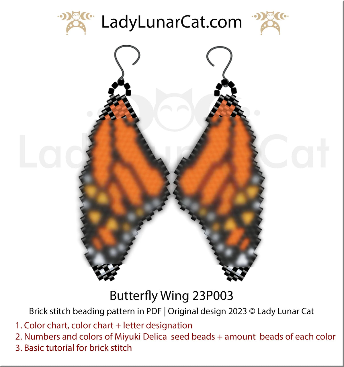 Brick stitch Monarch butterfly earrings PDF — orange black white, 4 colors, Lady Lunar Cat