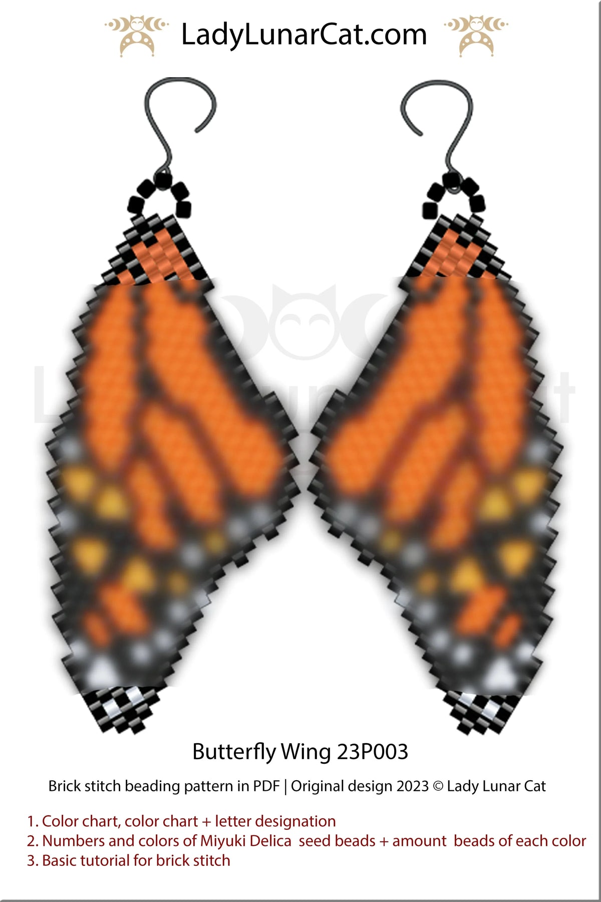 Beaded butterfly wing earrings — Monarch pattern 23P003, 26×23 beads, Delica 11/0
