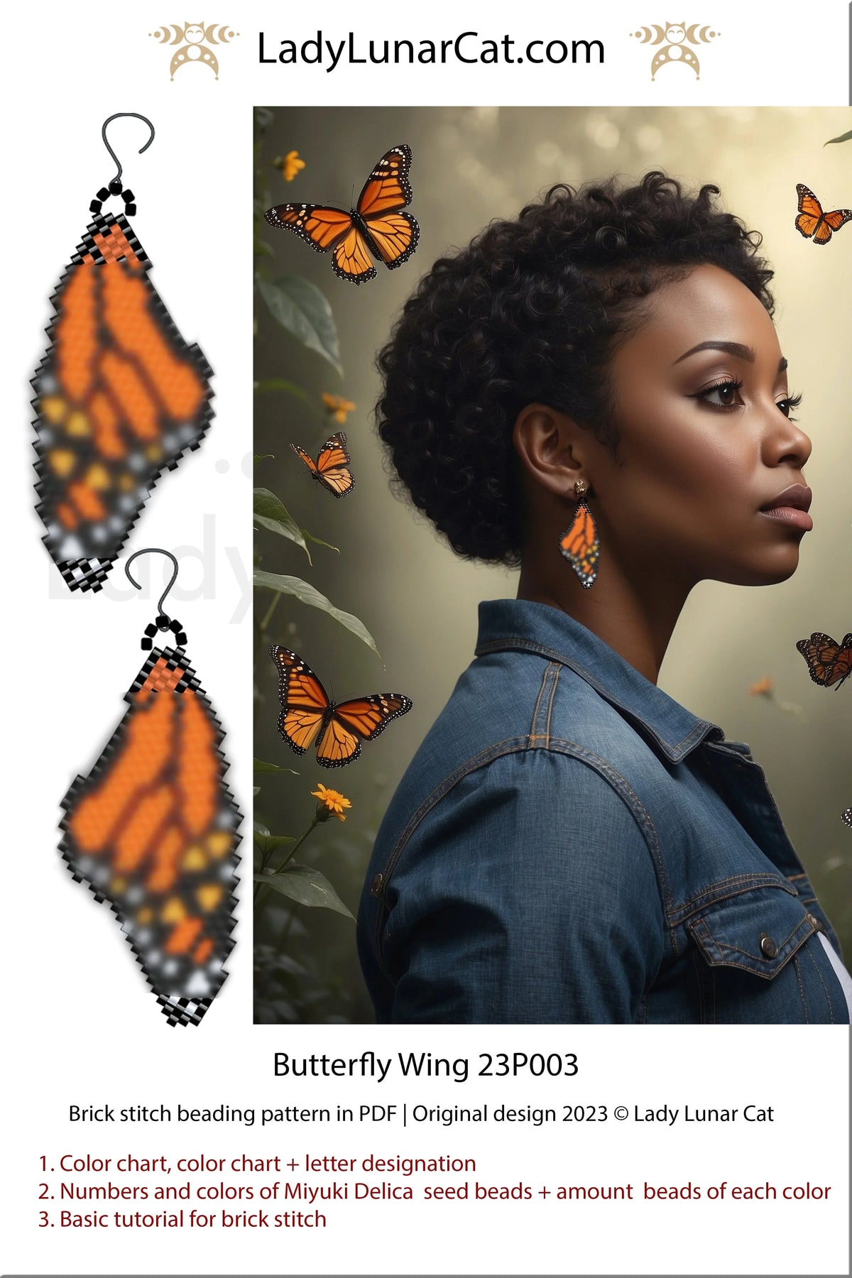 Monarch butterfly wing earring tutorial — brick stitch PDF, quick 2–4 hour make