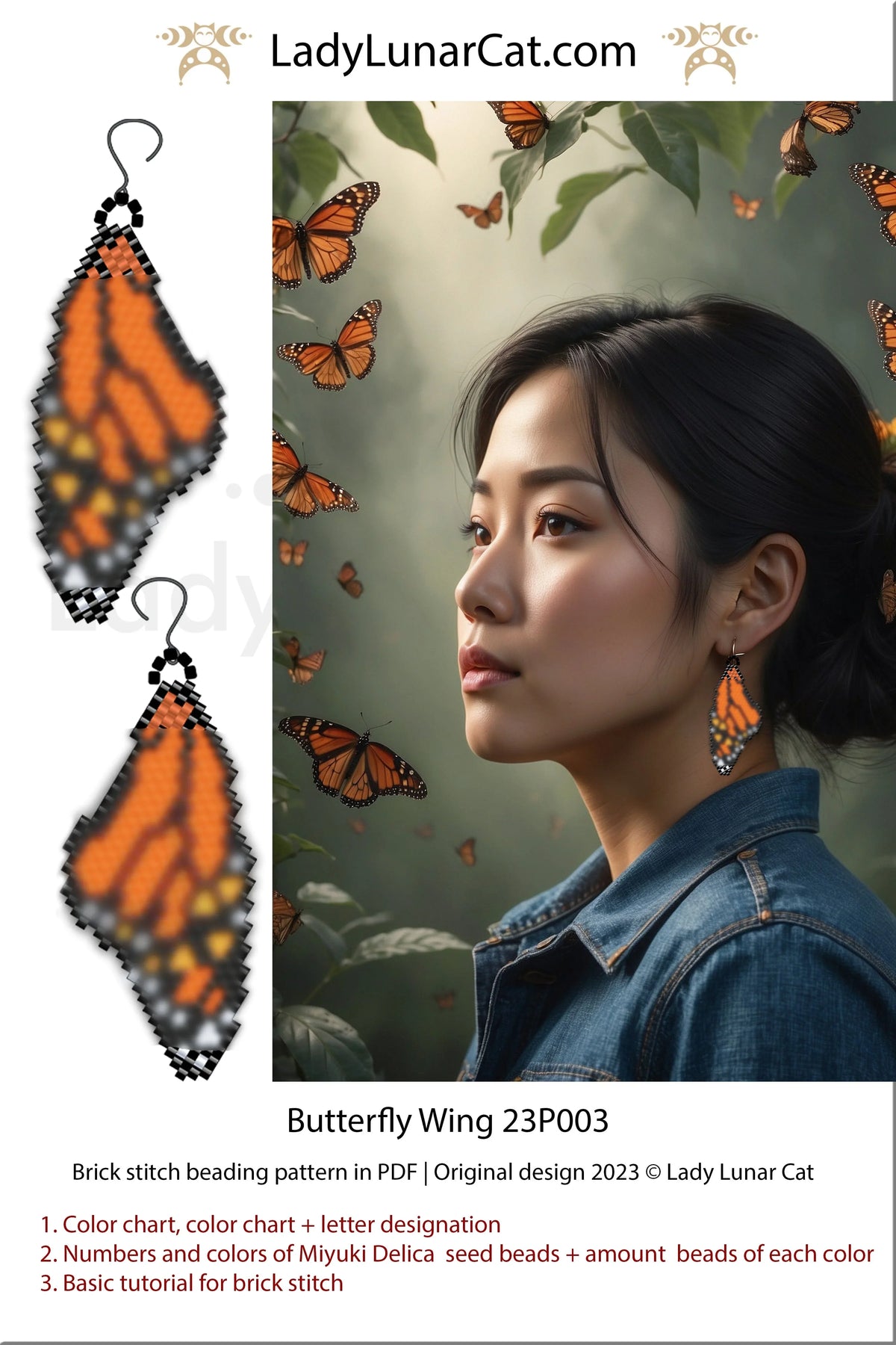 Lady Lunar Cat monarch butterfly wing earrings — brick stitch beading PDF 23P003