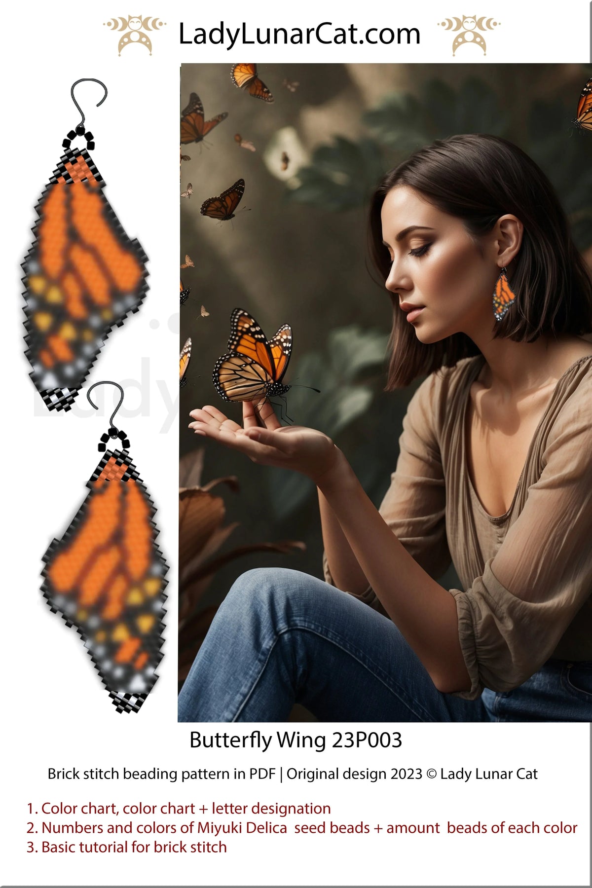 Lady Lunar Cat butterfly wing earrings — Monarch brick stitch pattern, autumn jewelry