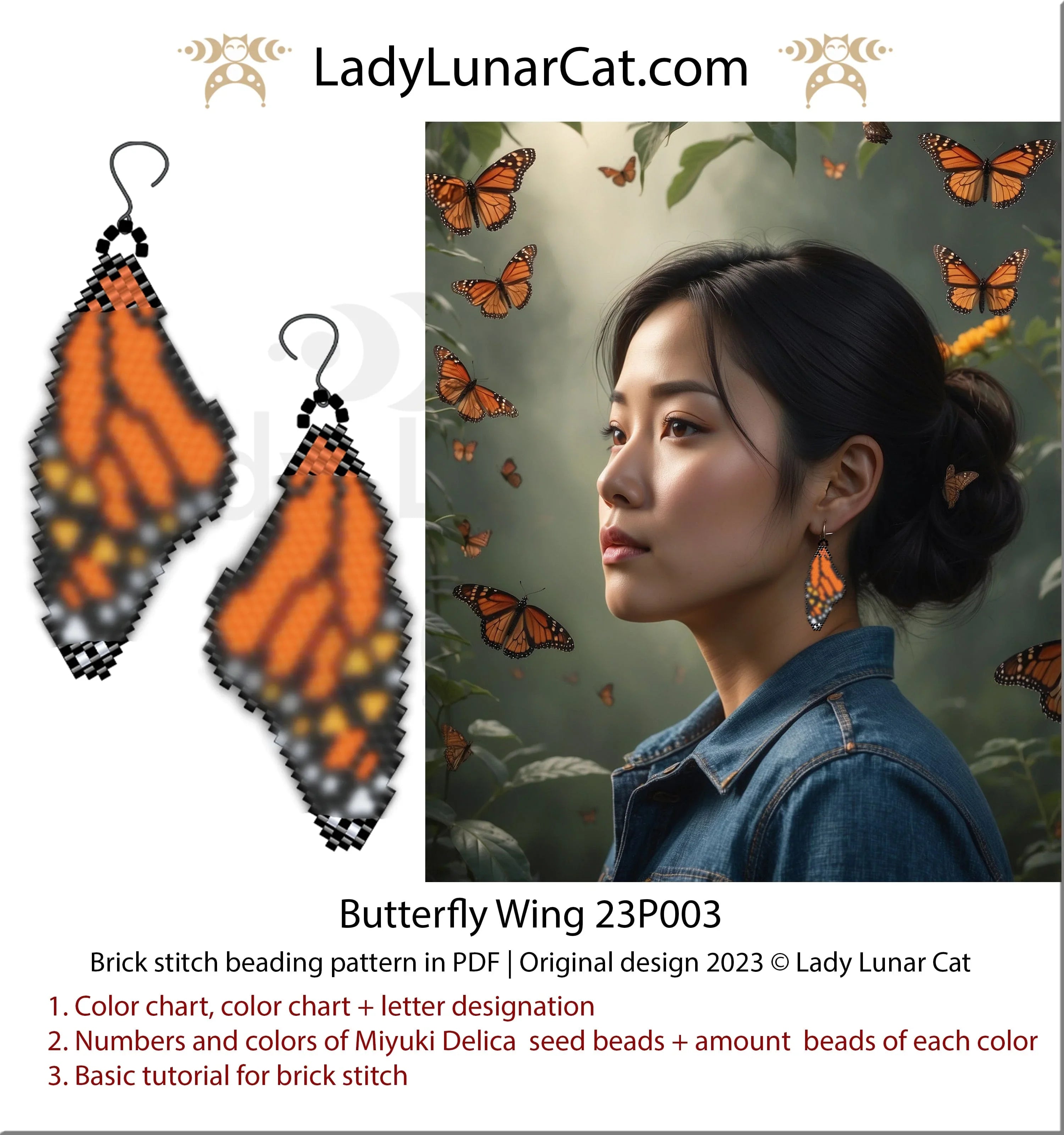 Beaded monarch butterfly wing earrings — brick stitch tutorial PDF for all levels