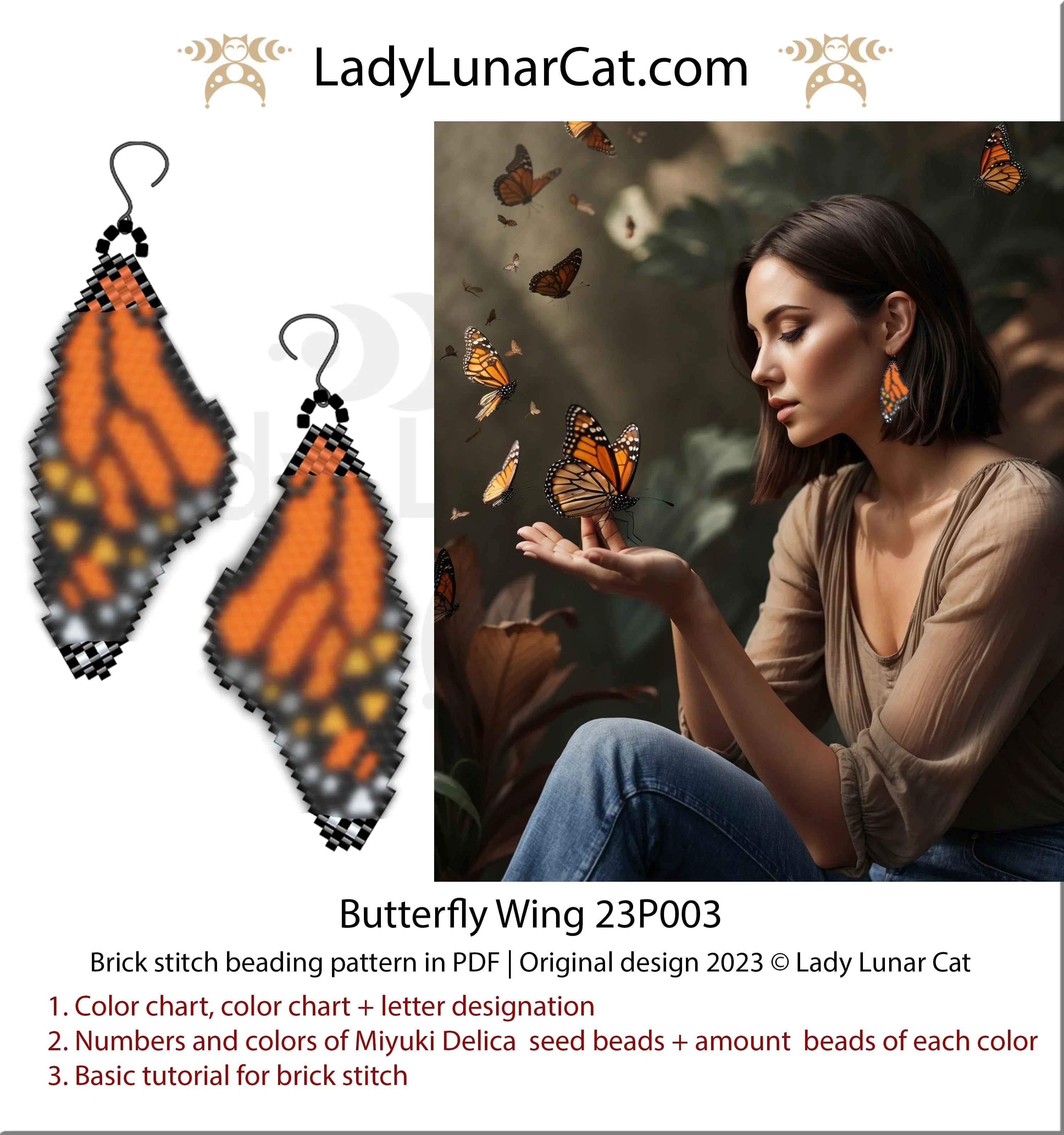 Monarch butterfly wing earrings — 4 colors, 26×23 beads, brick stitch, Miyuki Delica 11/0