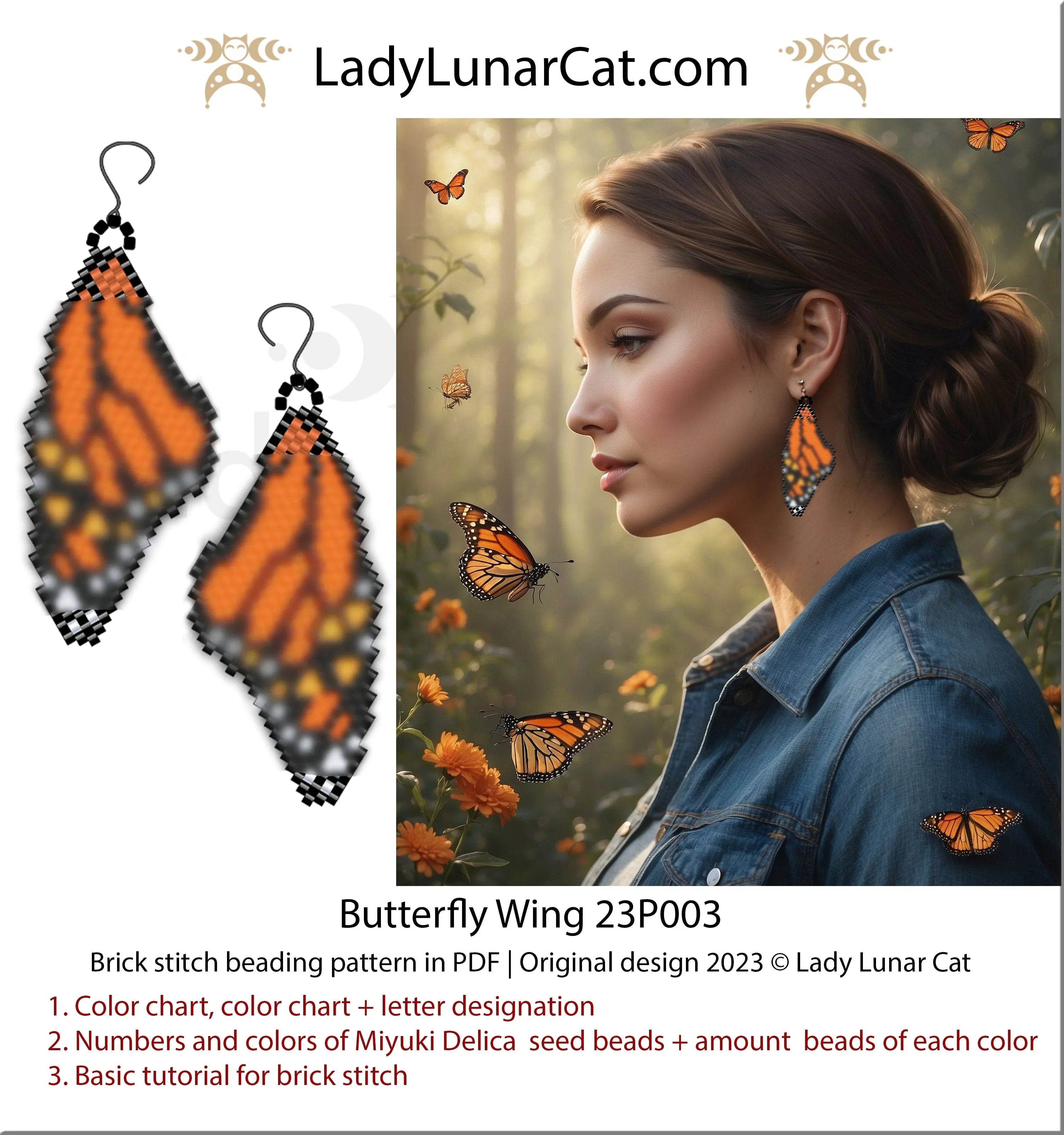 Butterfly wing brick stitch earrings pattern preview — 4 colors, graph paper included