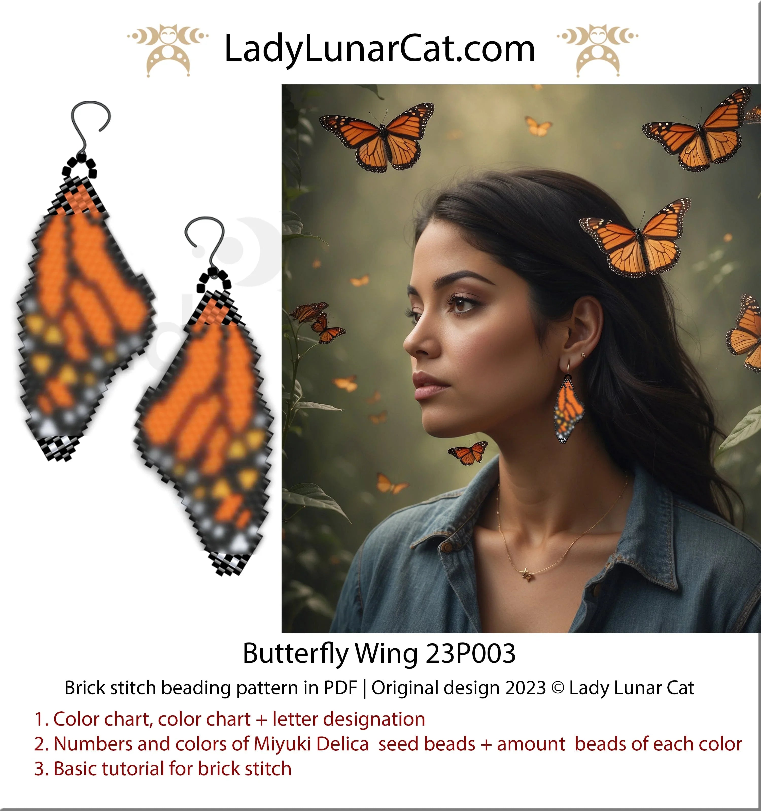 Monarch butterfly wing brick stitch earrings pattern PDF by Lady Lunar Cat — 23P003