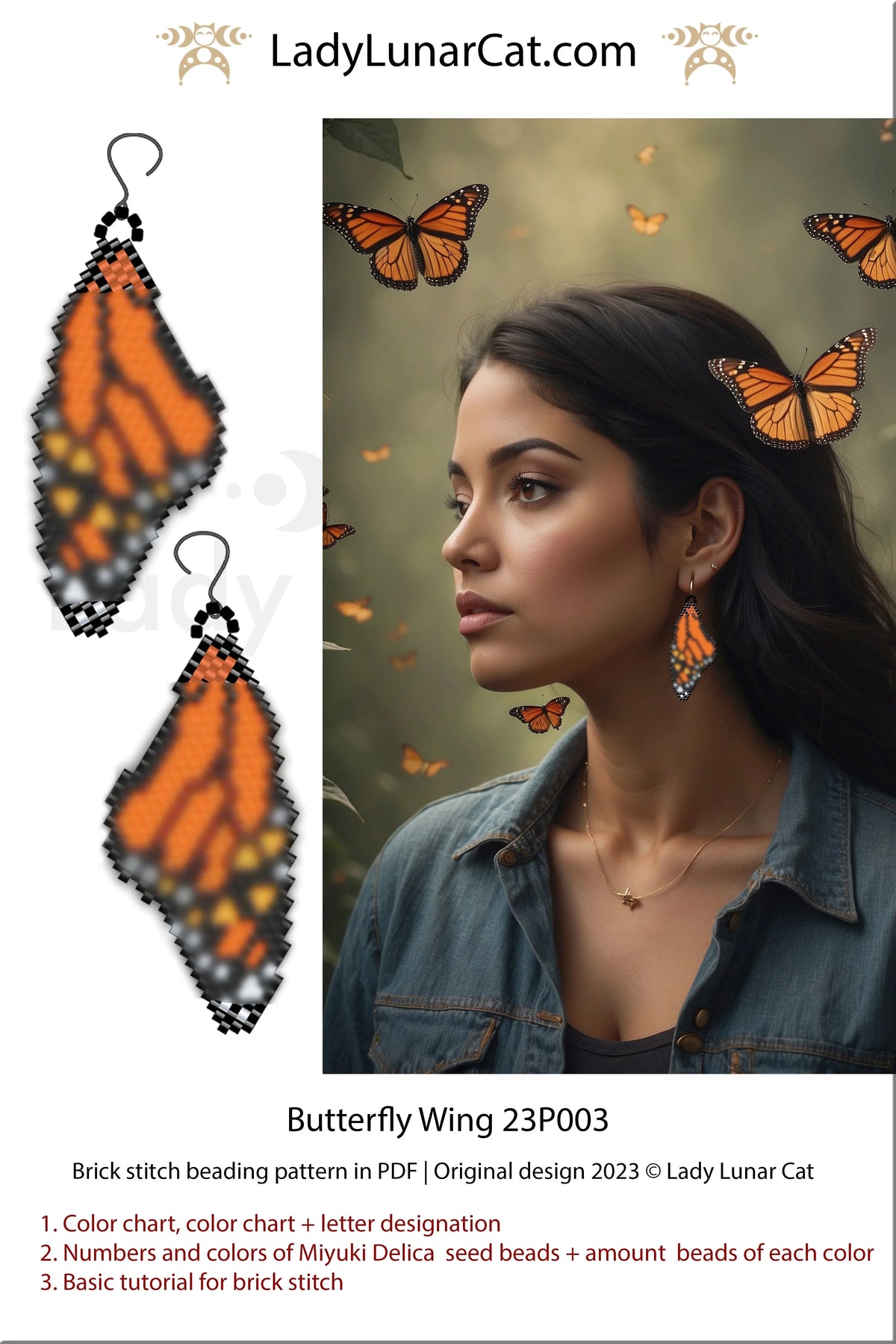 Seed bead Monarch butterfly earrings — brick stitch pattern PDF, 8 pages, instant download