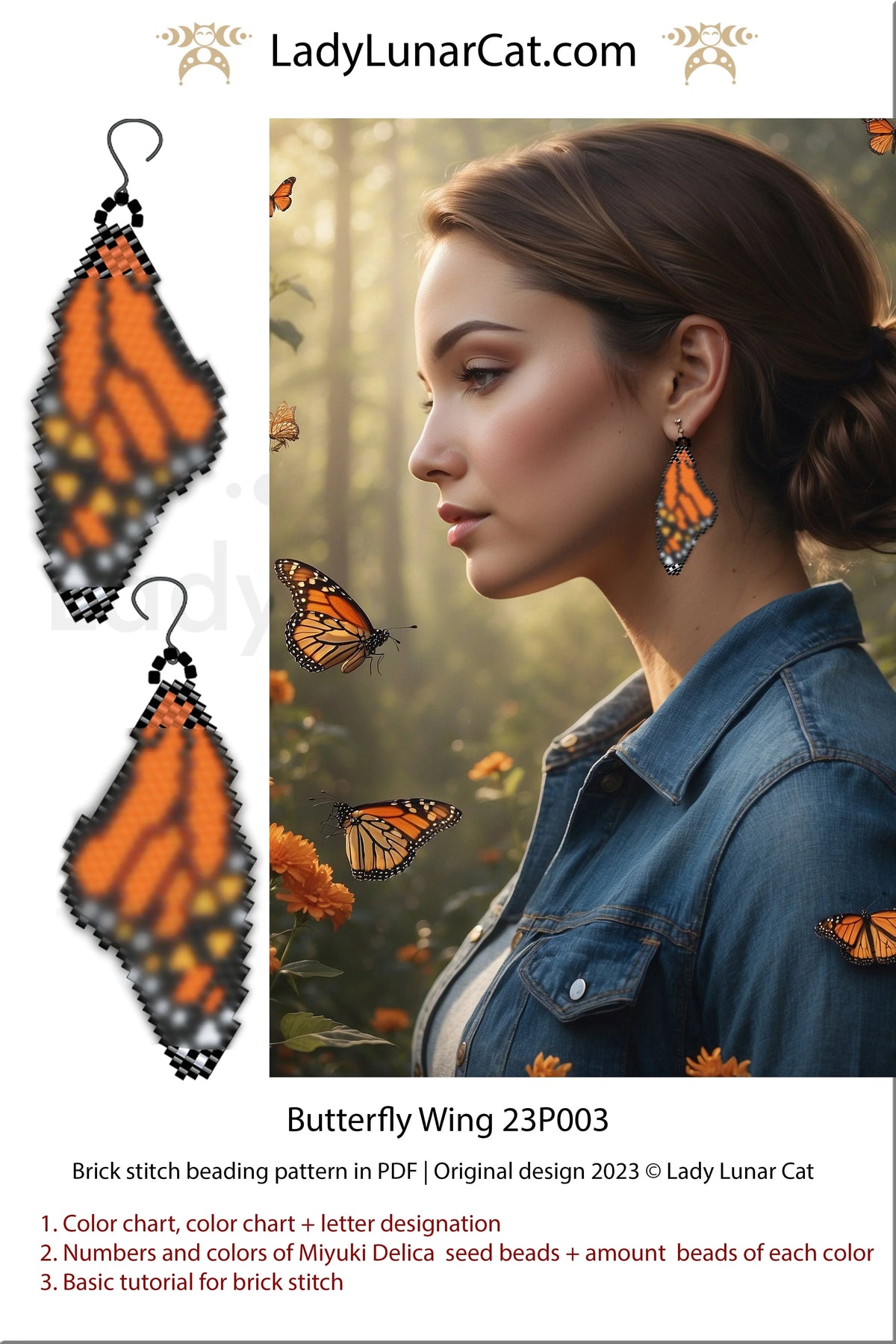 Butterfly Wing 23P003 brick stitch earrings — Miyuki Delica, all levels, Lady Lunar Cat